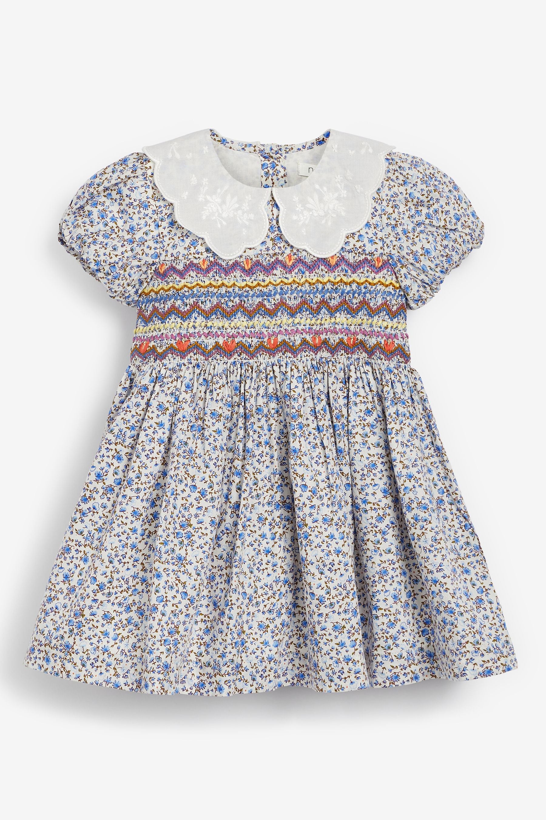 Pale Blue Ditsy Lace Collar Shirred Cotton Dress (3mths-8yrs)