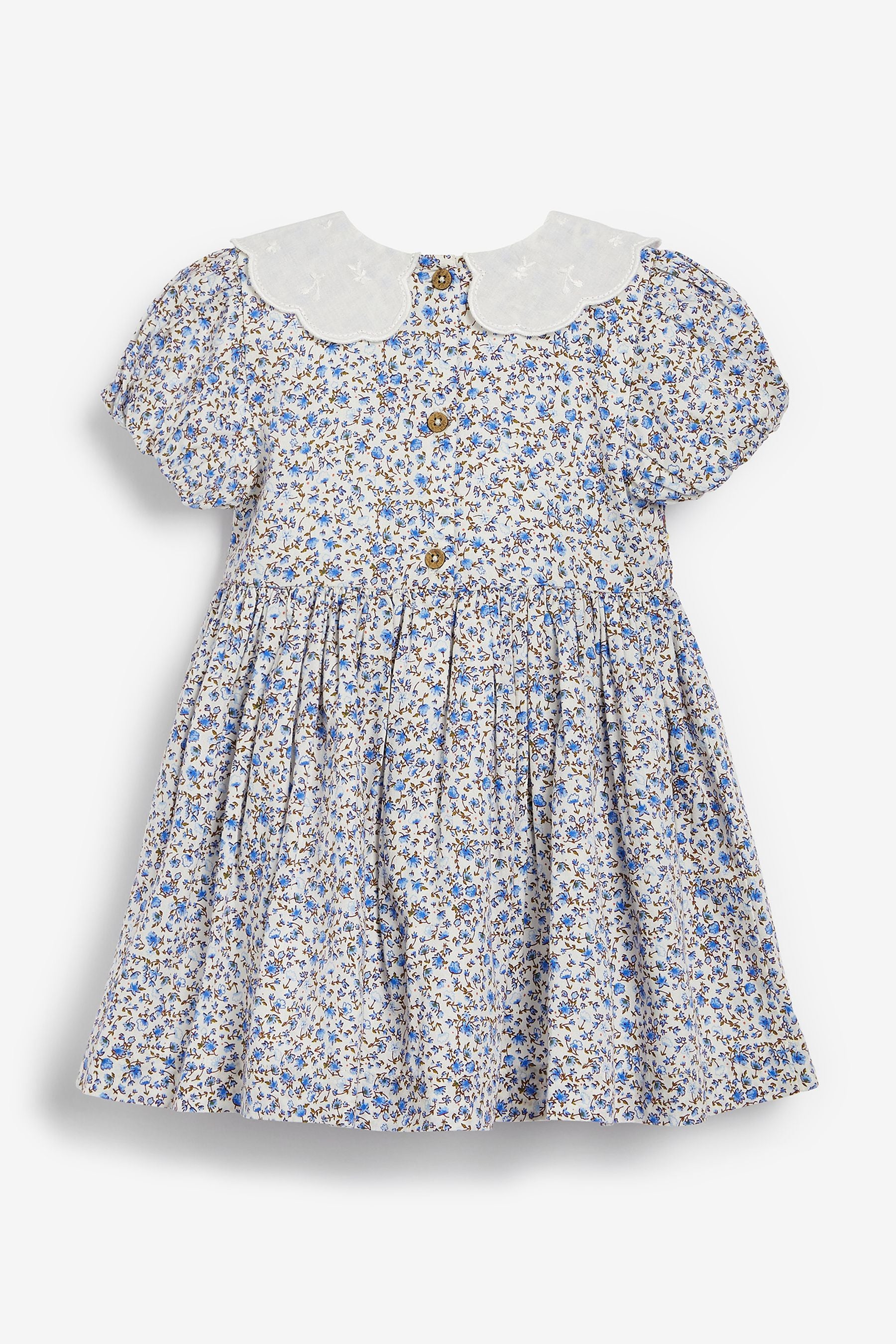 Pale Blue Ditsy Lace Collar Shirred Cotton Dress (3mths-8yrs)