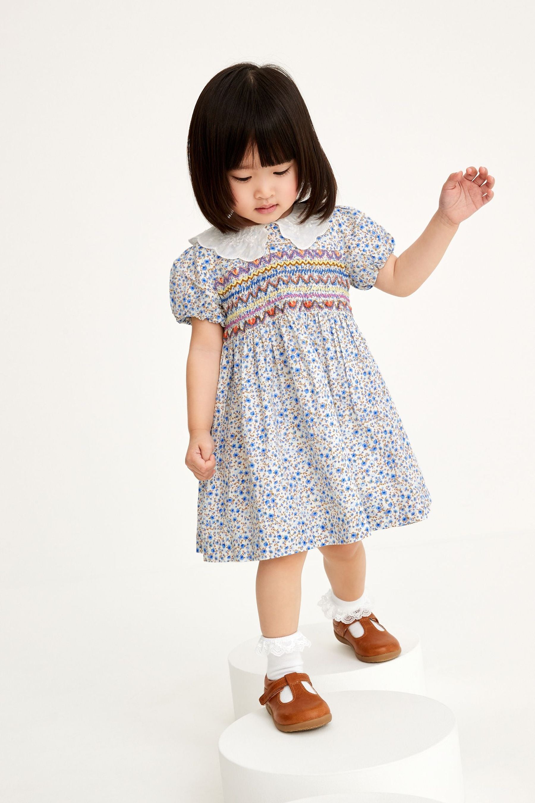 Pale Blue Ditsy Lace Collar Shirred Cotton Dress (3mths-8yrs)