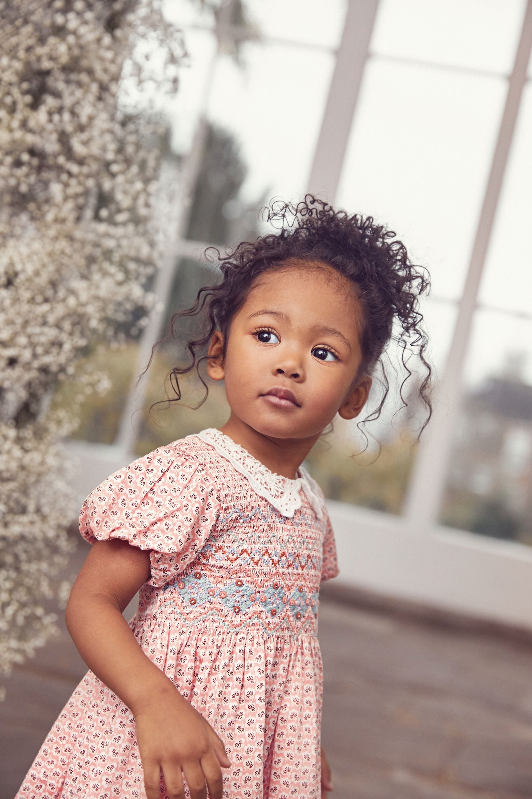 Pink Geo Printed Lace Collar Shirred Cotton Dress (3mths-7yrs)