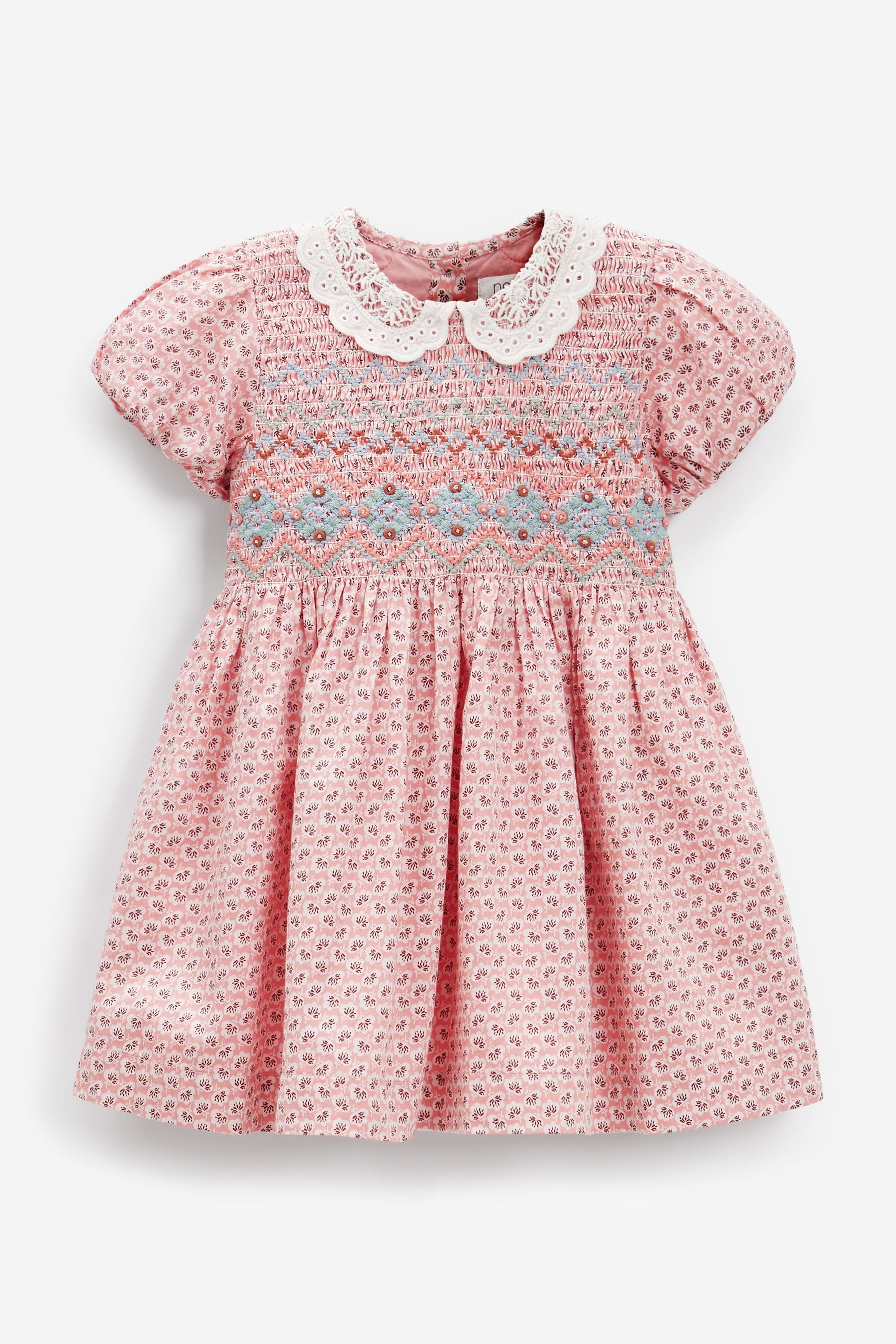 Pink Geo Printed Lace Collar Shirred Cotton Dress (3mths-7yrs)