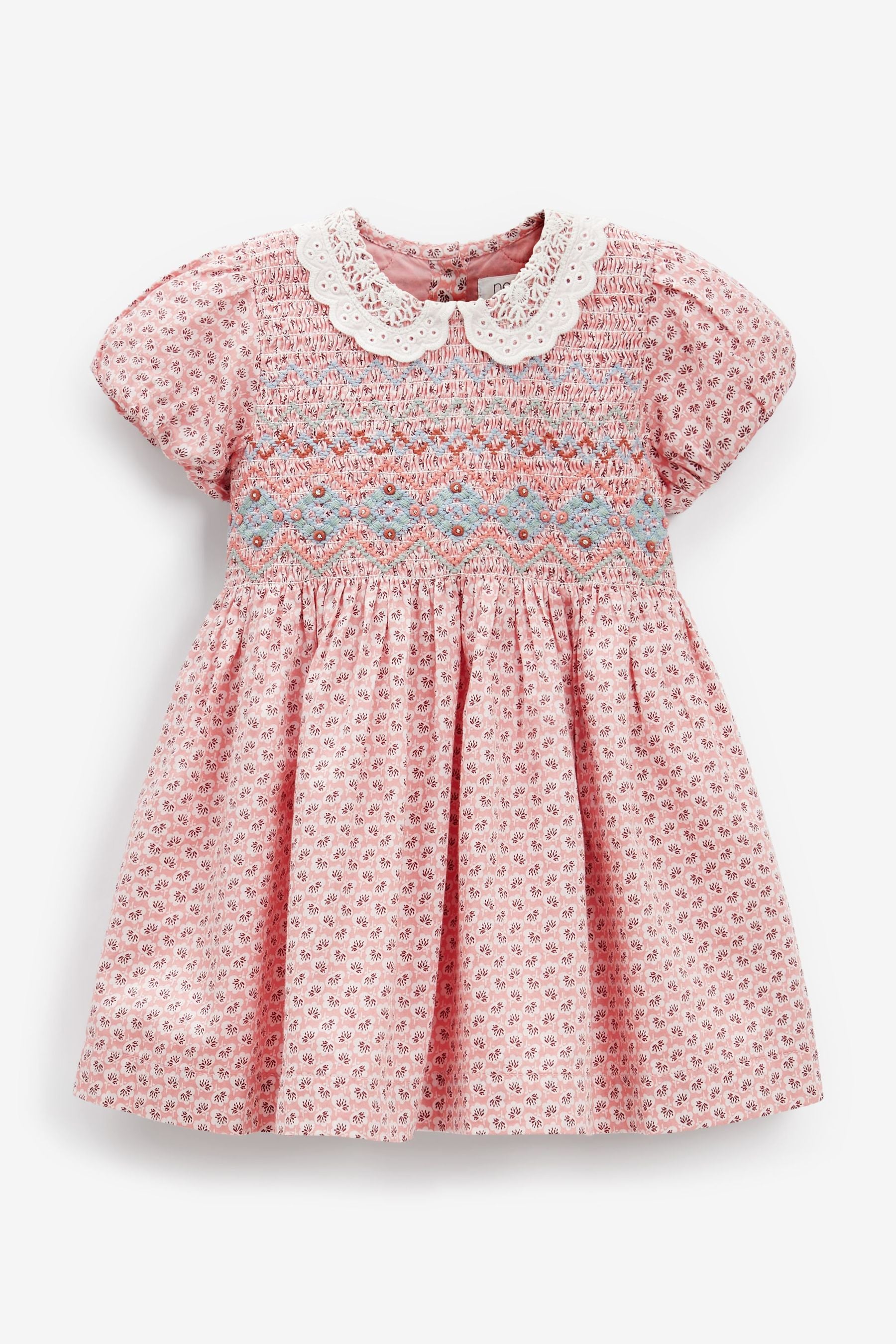 Pink Geo Printed Lace Collar Shirred Cotton Dress (3mths-7yrs)