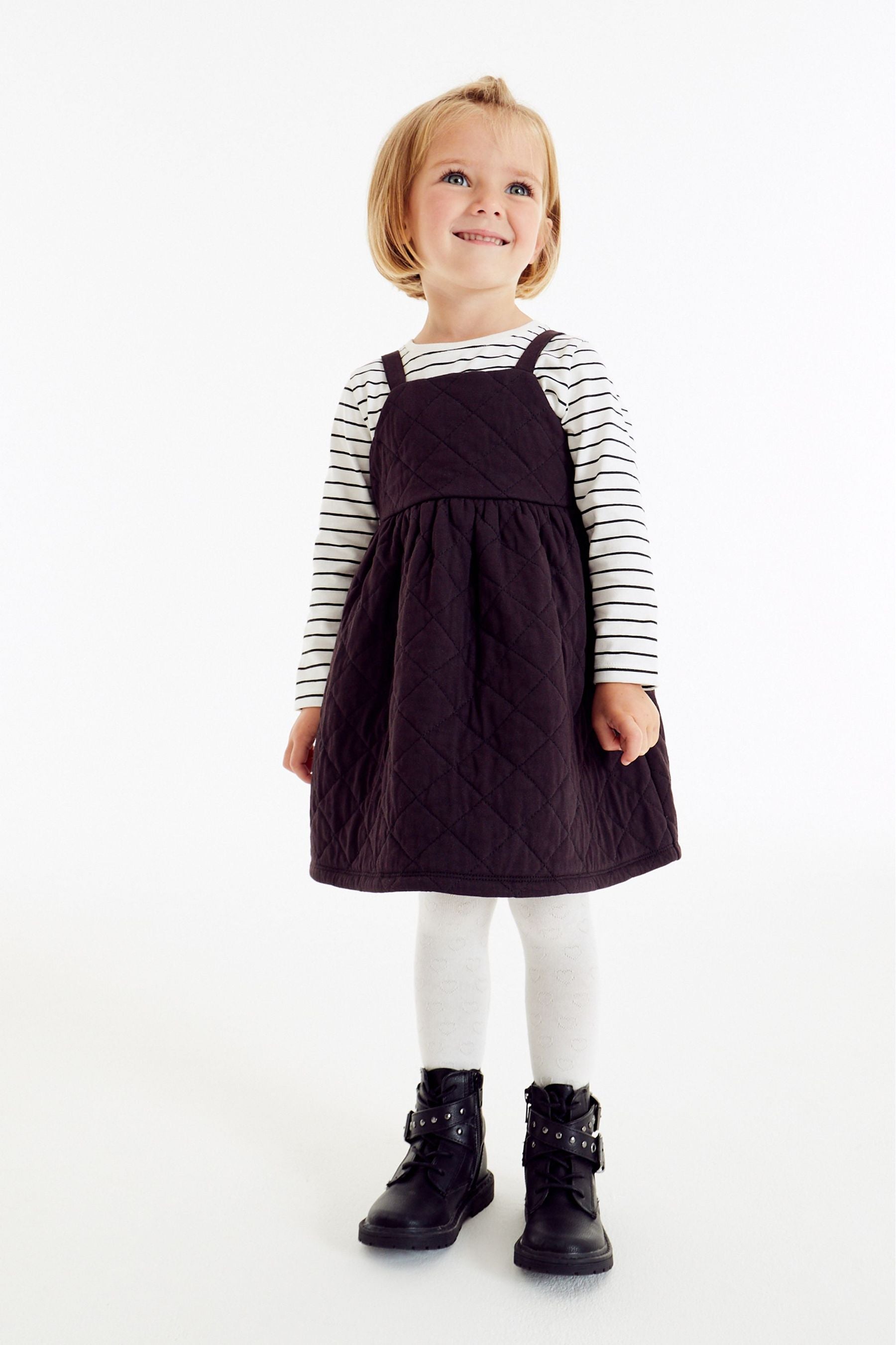 Charcoal Quilted Jersey T-Shirt And Pinafore 2 Piece Set (3mths-7yrs)