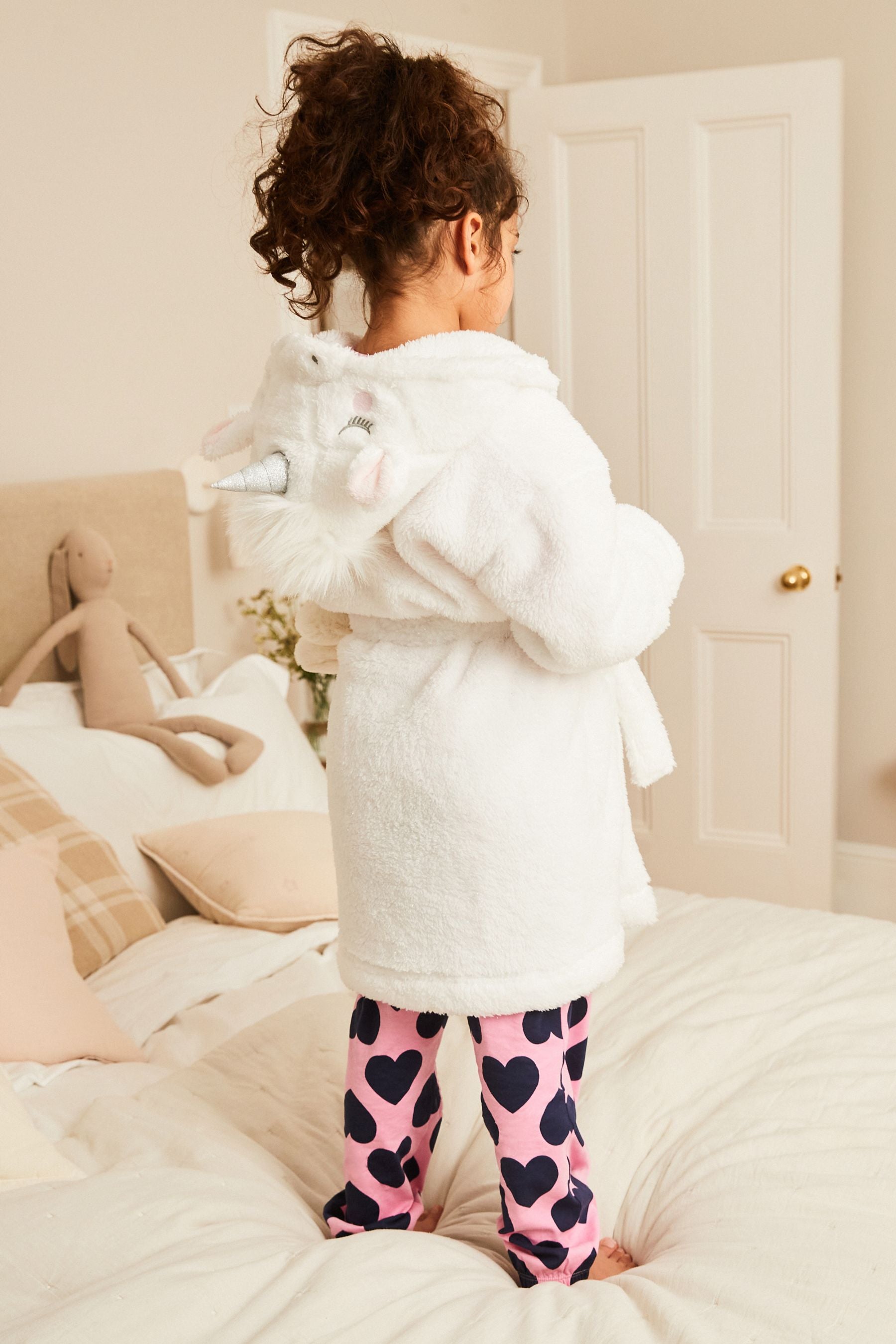 White 3D Unicorn Borg Teddy Fleece Hooded Robe (9mths-16yrs)