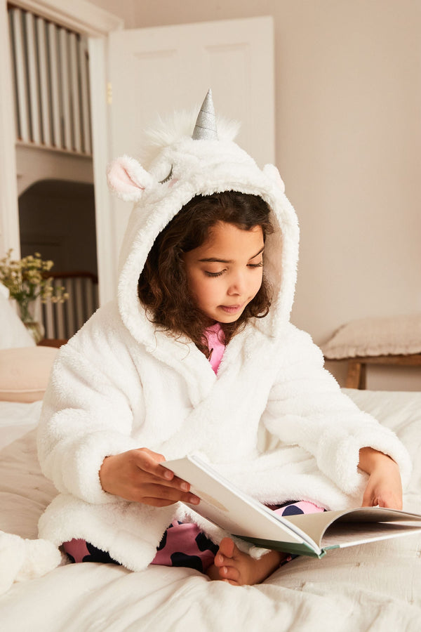 White 3D Unicorn Borg Teddy Fleece Hooded Robe (9mths-16yrs)