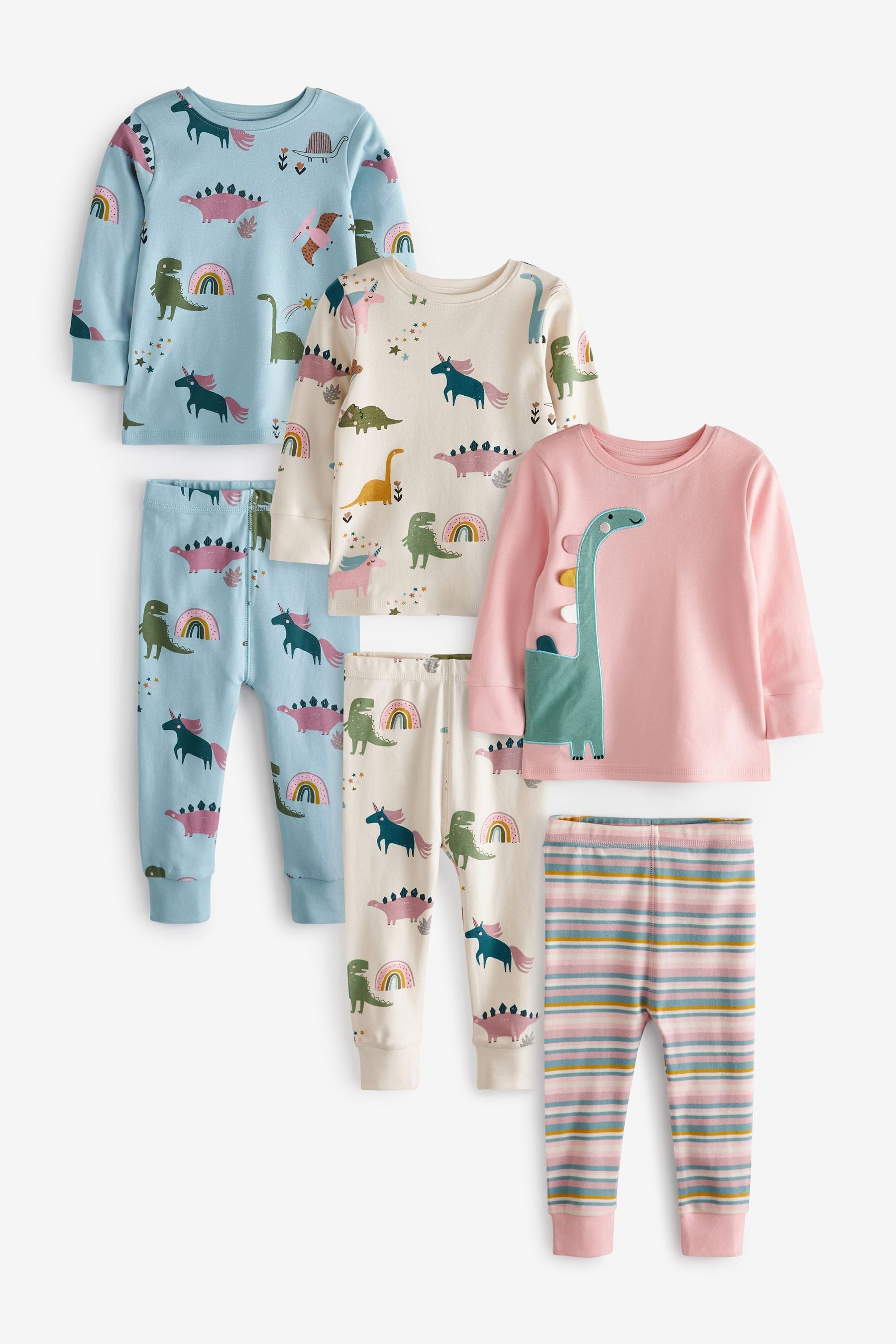 Pink/Blue Dinosaur 3 Pack Pyjamas (9mths-12yrs)