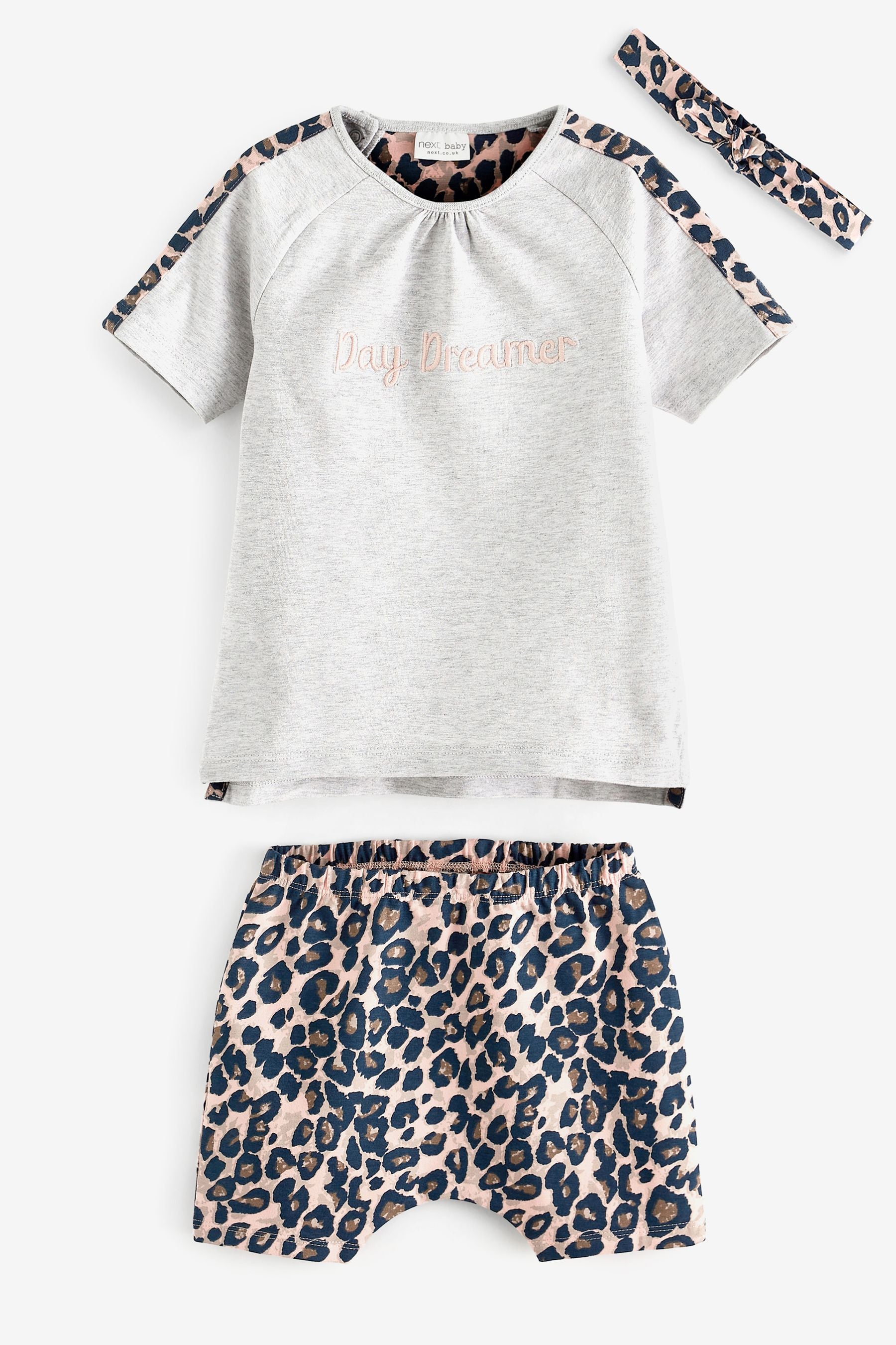 Leopard Print Grey and Pink Baby 3 Piece T-Shirt, Shorts and Headband Set (0mths-2yrs)