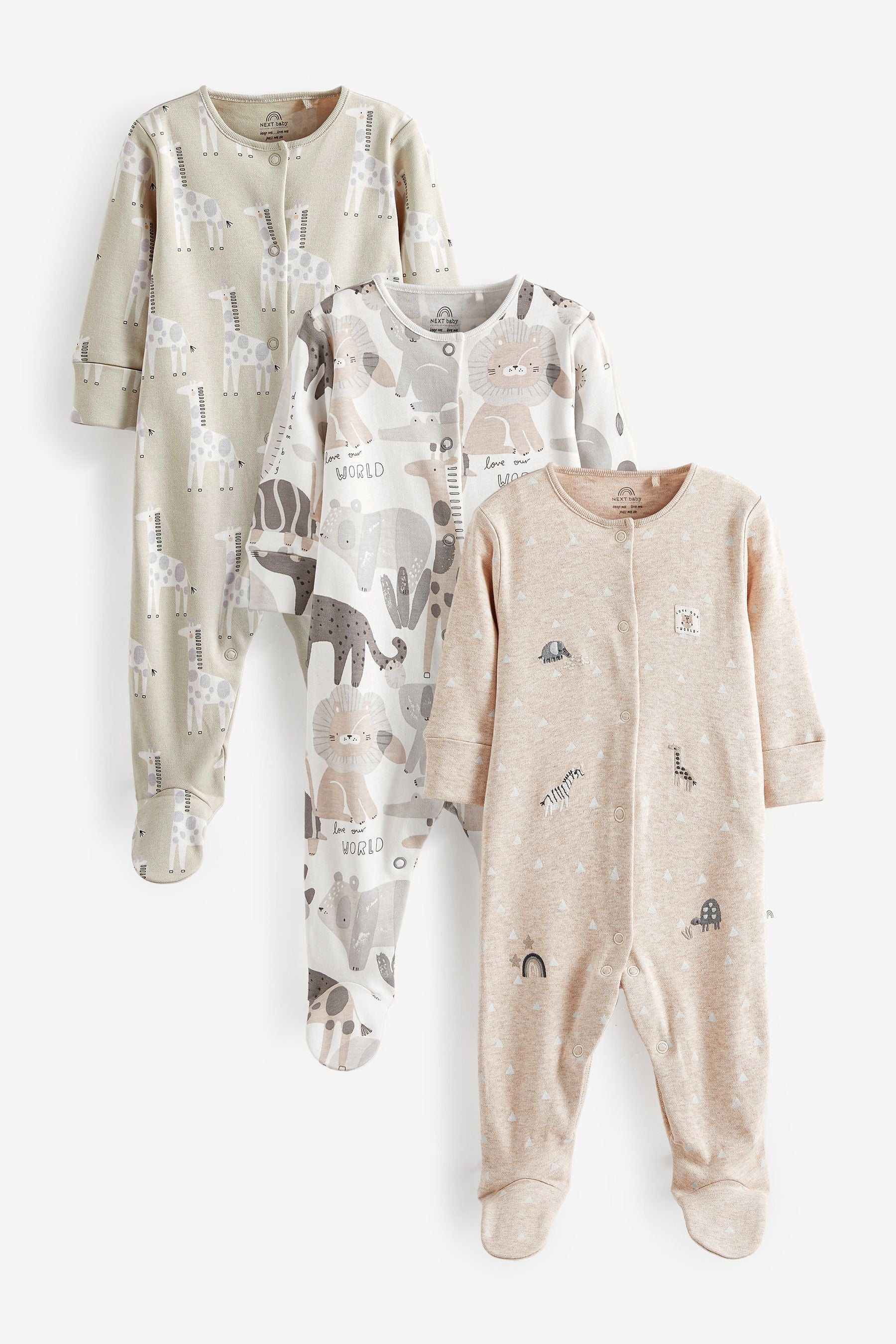 Cement Safari Animals Baby Sleepsuits 3 Pack (0-2yrs)