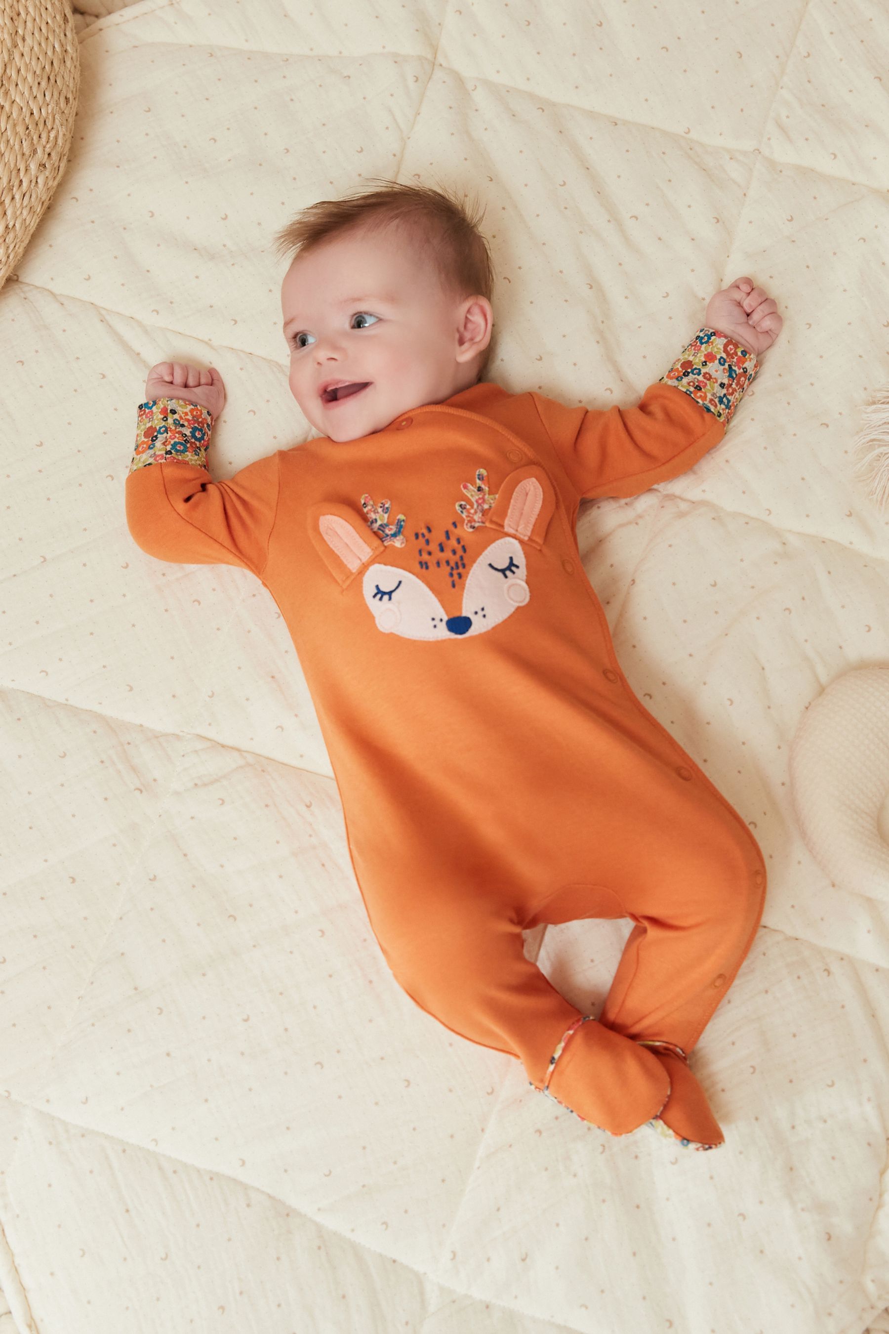 Woodland Fox Orange/ Ditsy Navy Baby Sleepsuits 3 Pack (0-2yrs)