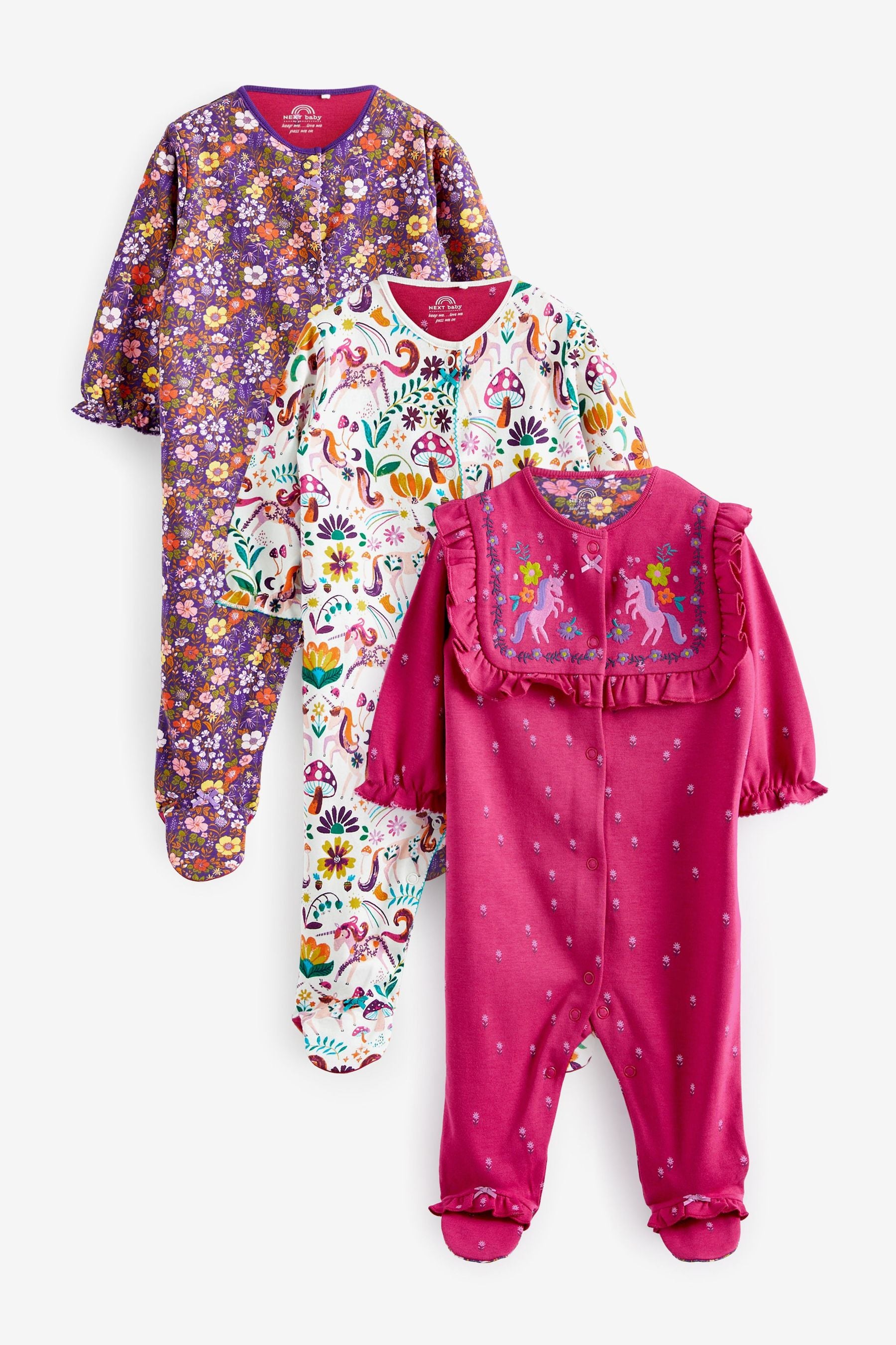 Raspberry Unicorn Baby Embroidered Detail Sleepsuits 3 Pack (0-2yrs)