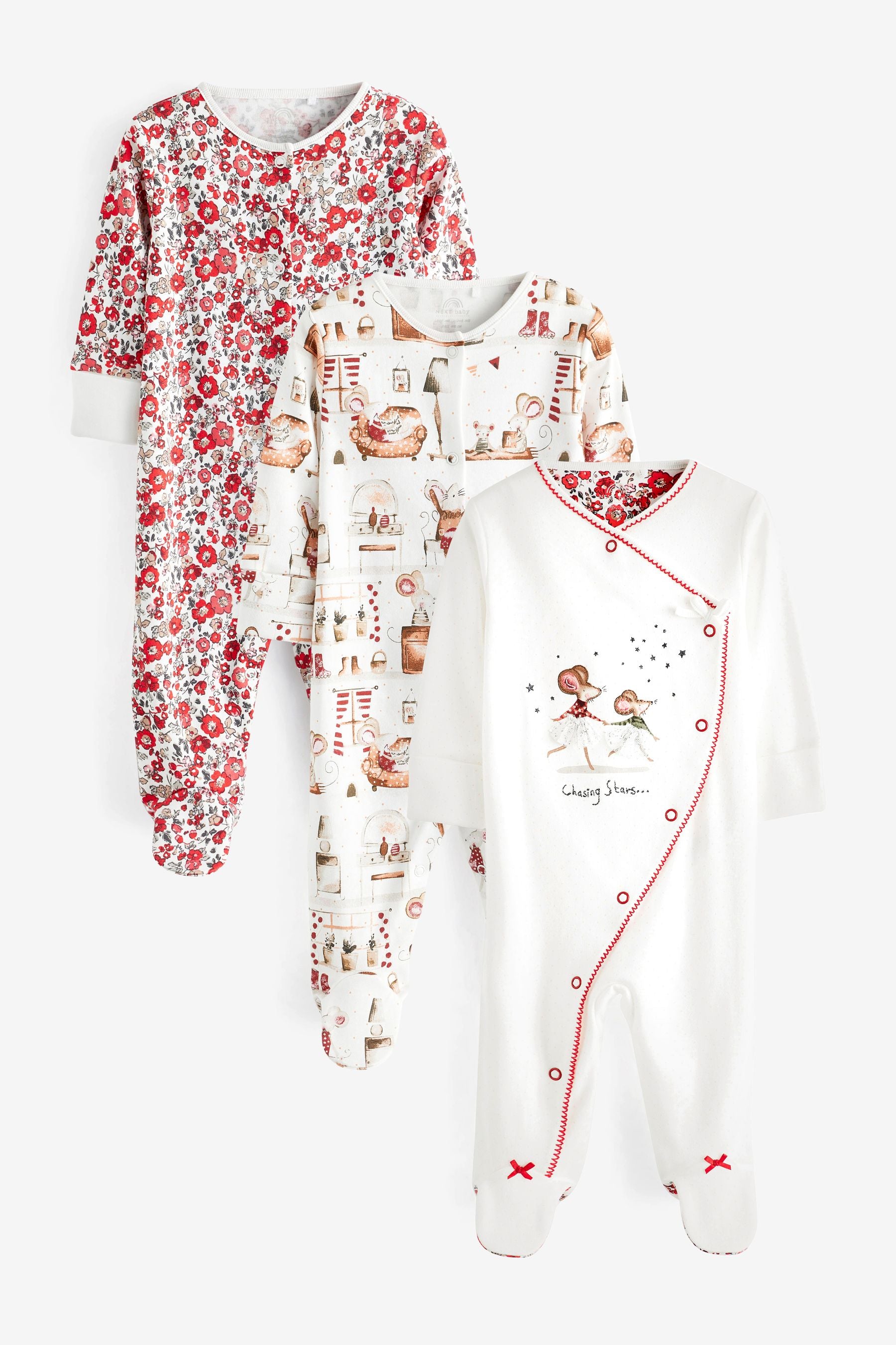 Pretty Mouse / Red Floral Baby Sleepsuits 3 Pack (0-2yrs)