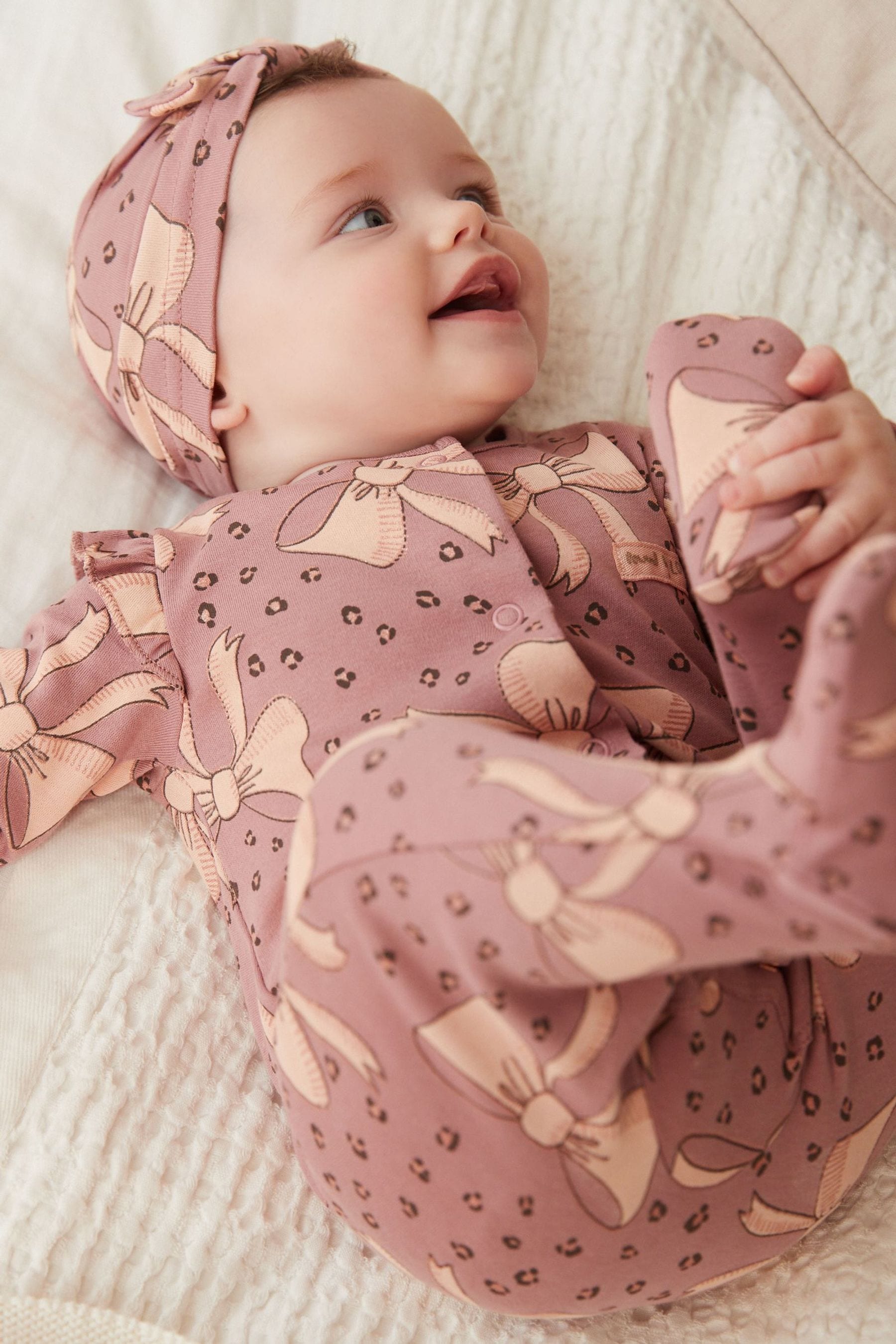 Grey/Pink Bow Baby Sleepsuit and Turban 4 Piece Set (0mths-2yrs)