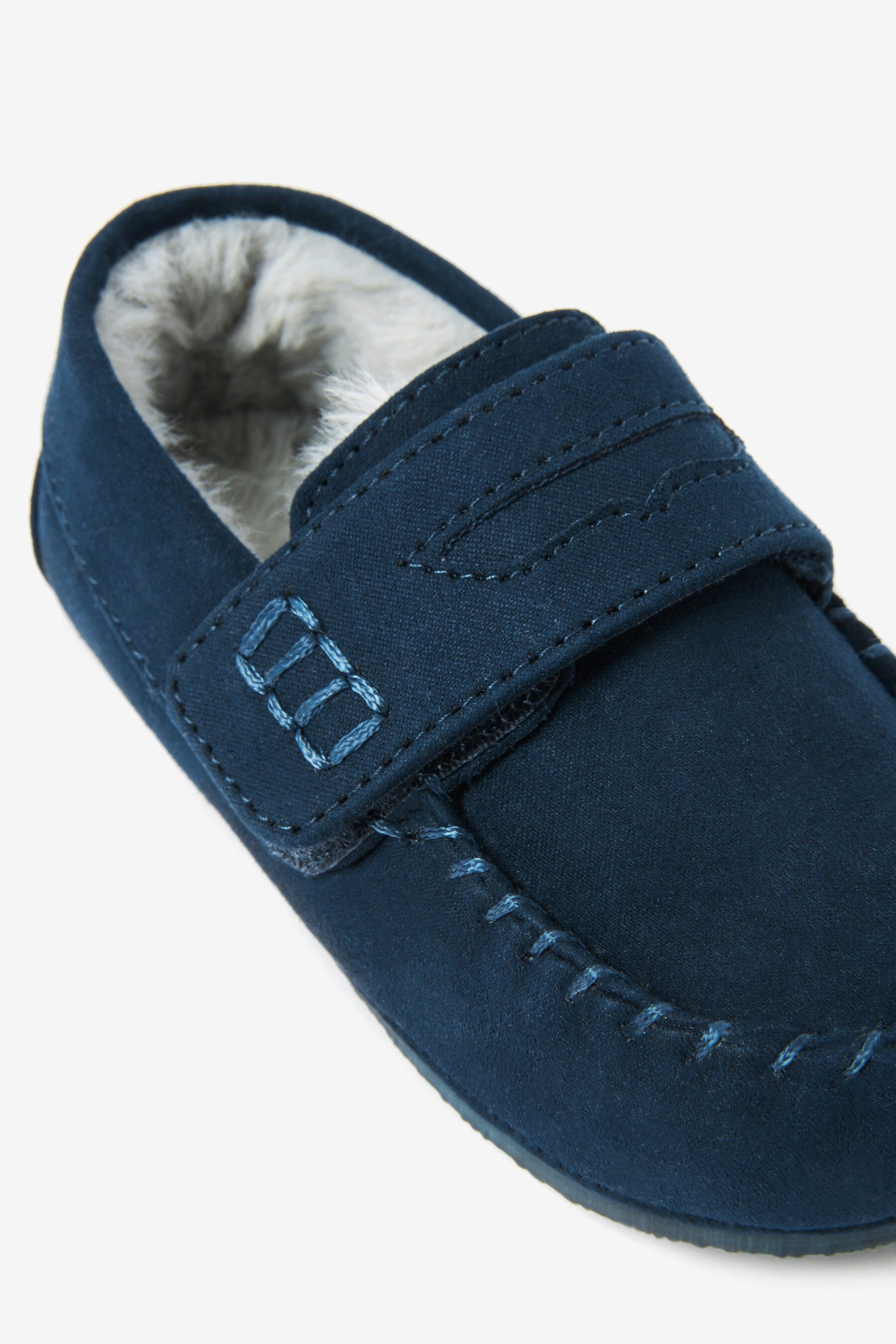 Navy Faux Fur Lined Moccasin Slippers