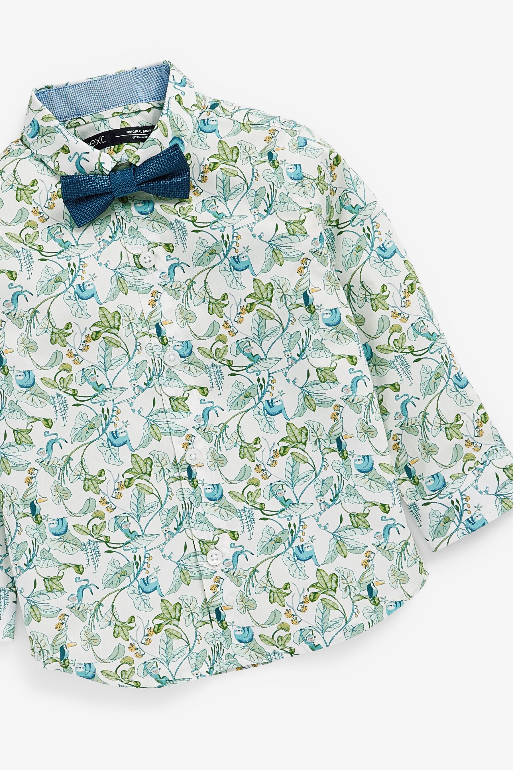 White/Green Long Sleeve Printed Shirt With Bow Tie (3mths-7yrs)