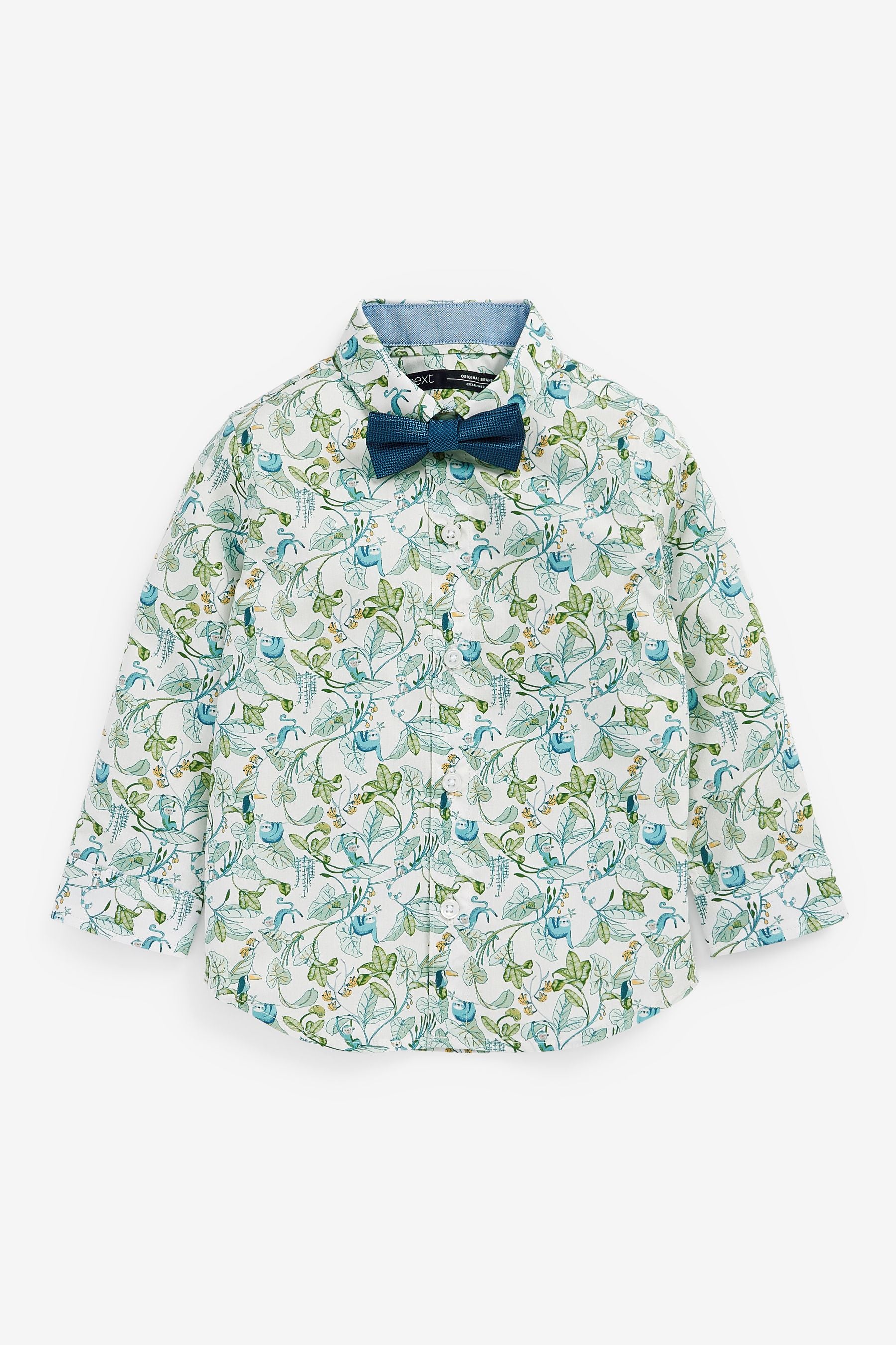 White/Green Long Sleeve Printed Shirt With Bow Tie (3mths-7yrs)