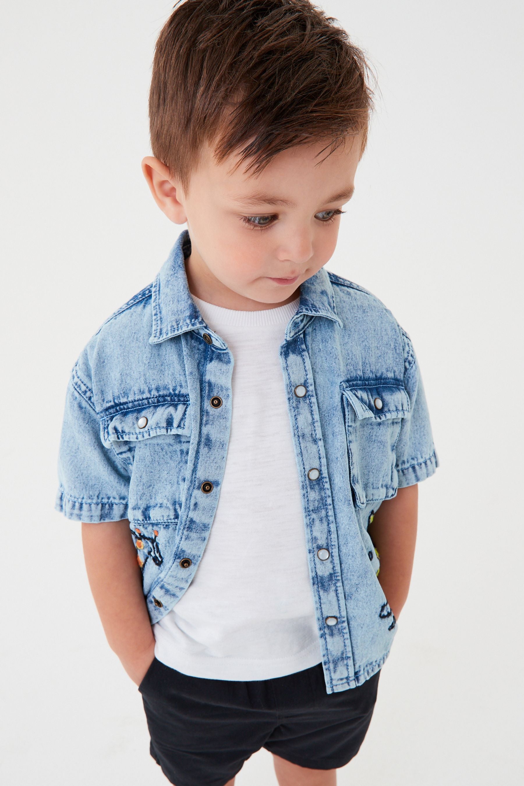 Denim Blue Short Sleeve Animal Embroidered Shirt (3mths-7yrs)