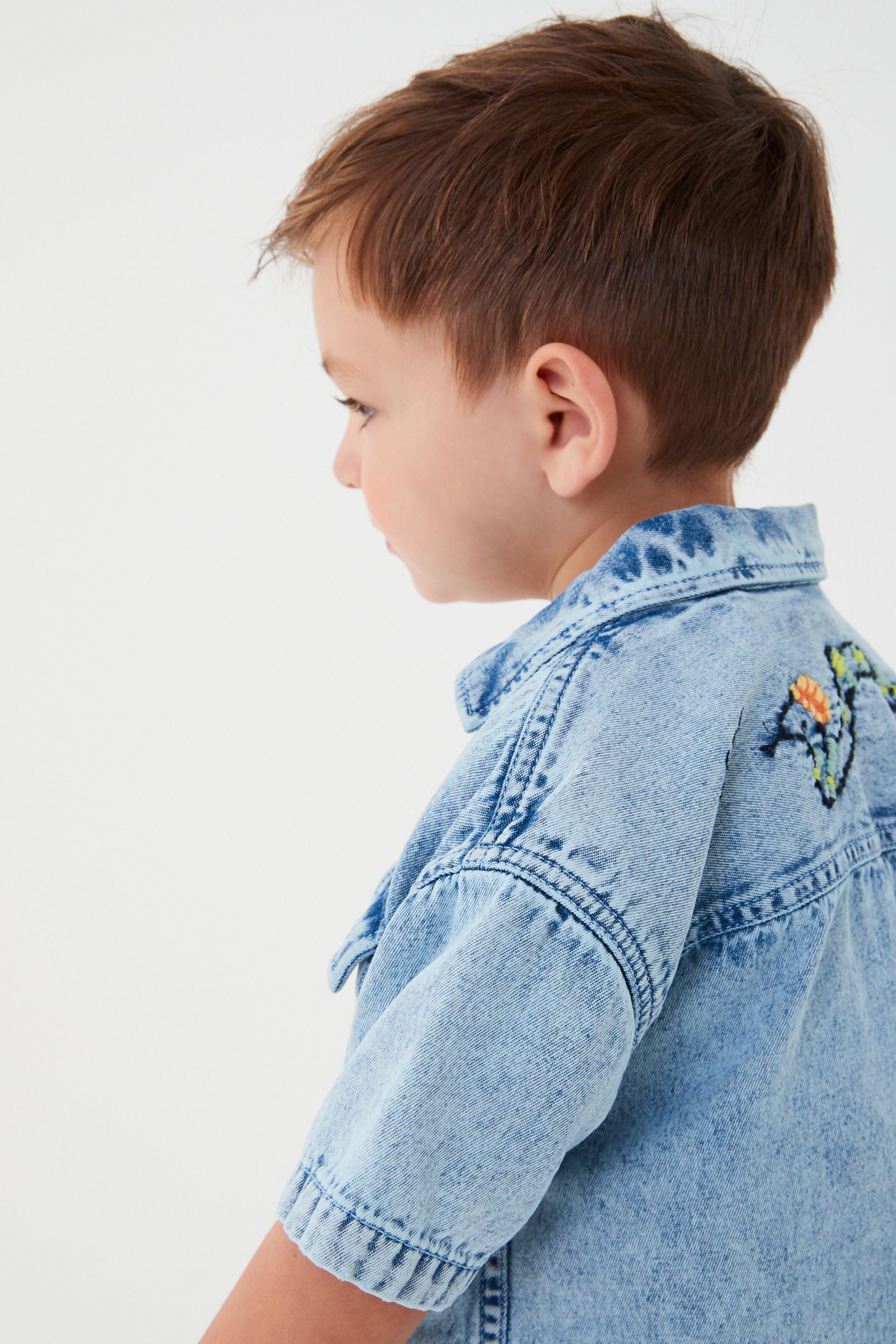 Denim Blue Short Sleeve Animal Embroidered Shirt (3mths-7yrs)