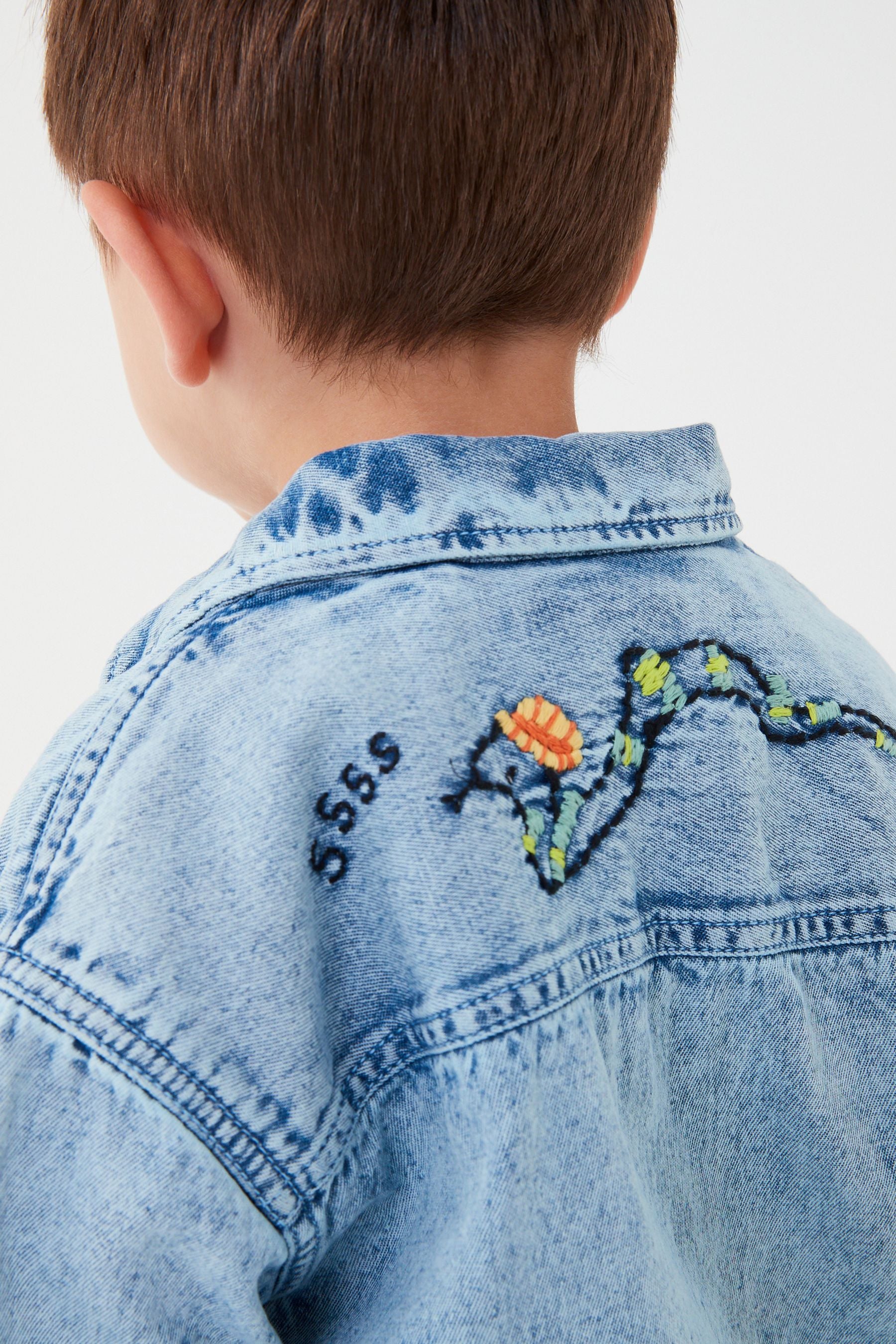 Denim Blue Short Sleeve Animal Embroidered Shirt (3mths-7yrs)