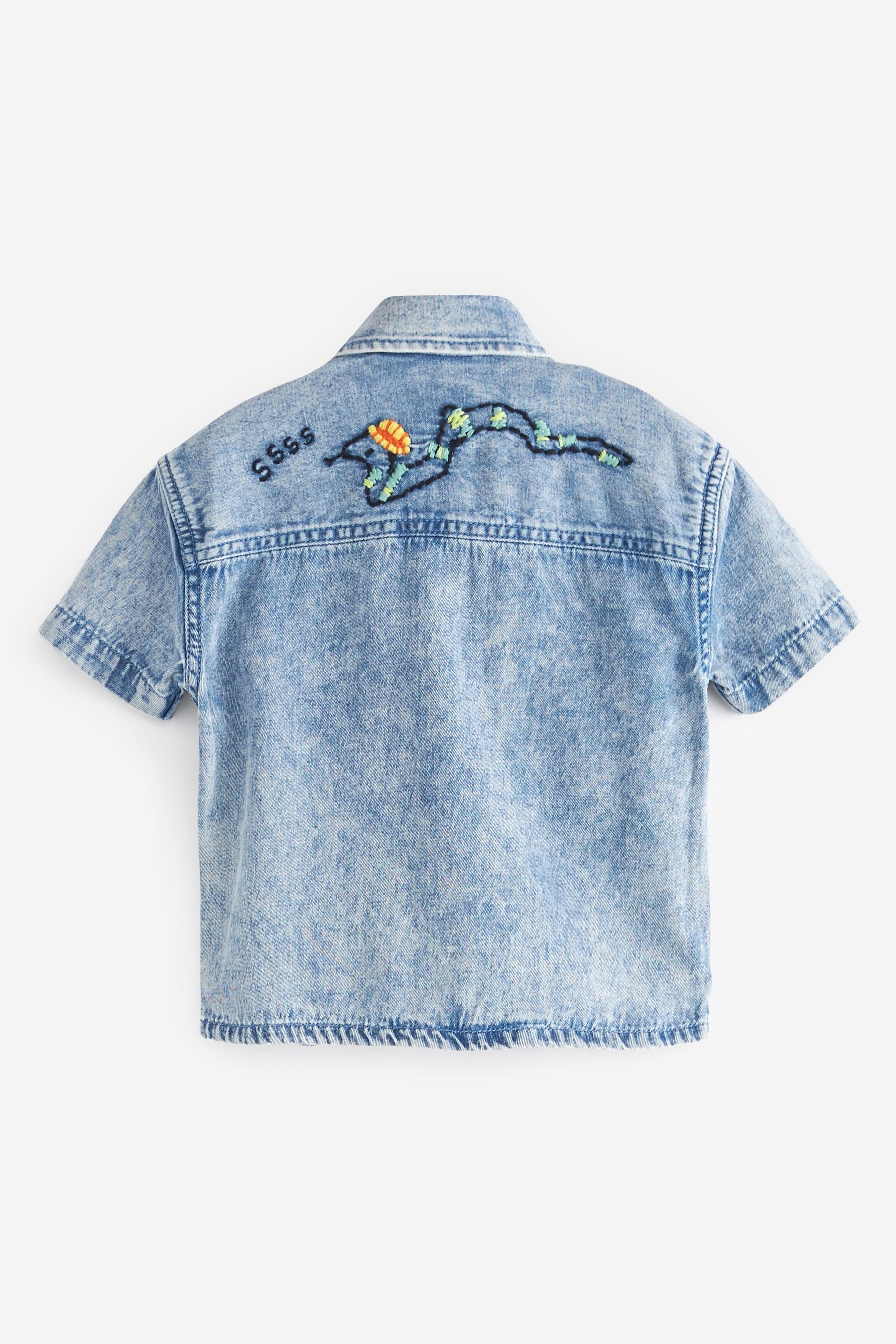 Denim Blue Short Sleeve Animal Embroidered Shirt (3mths-7yrs)