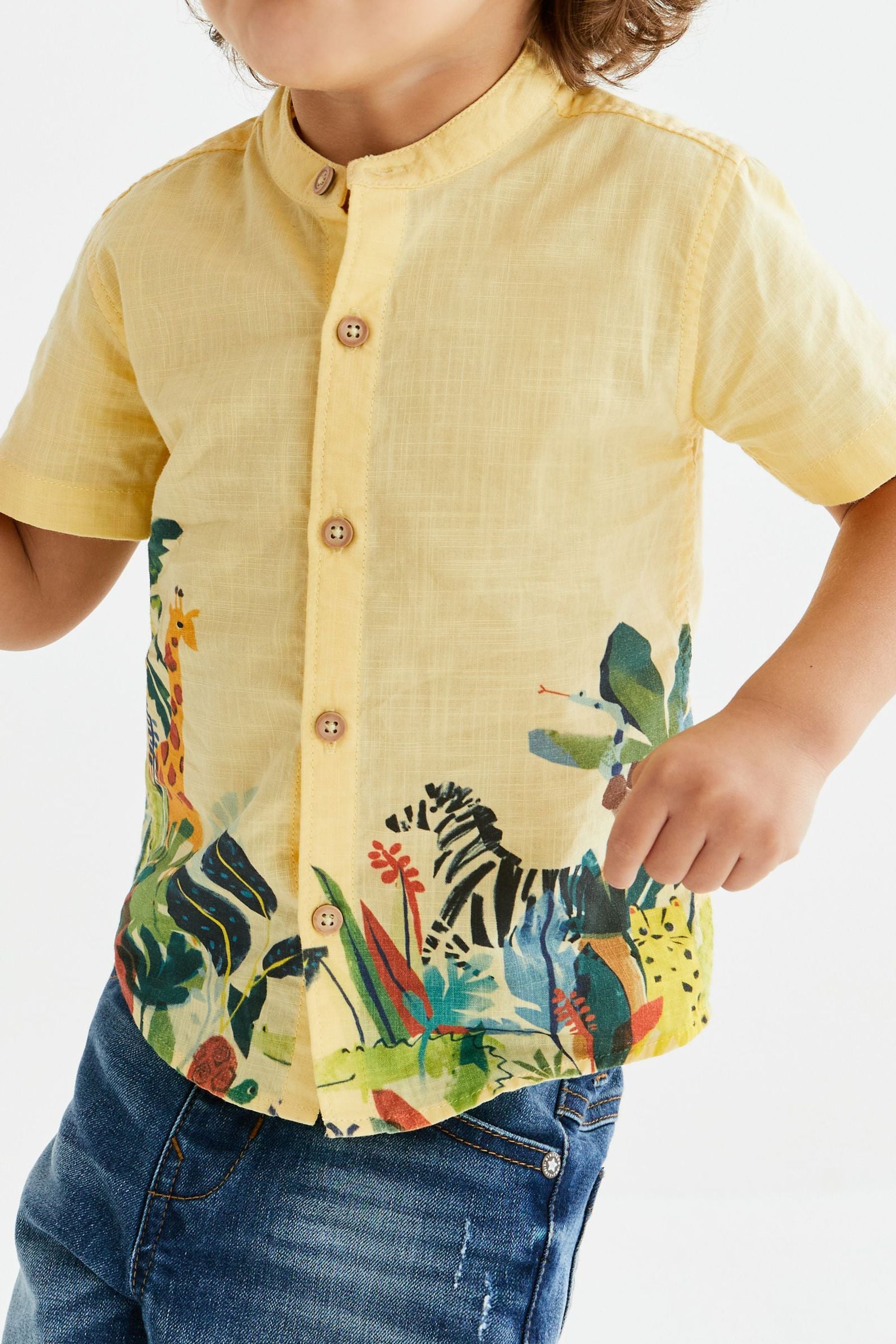 Yellow Printed Short Sleeve Grandad Collar Shirt (3mths-7yrs)