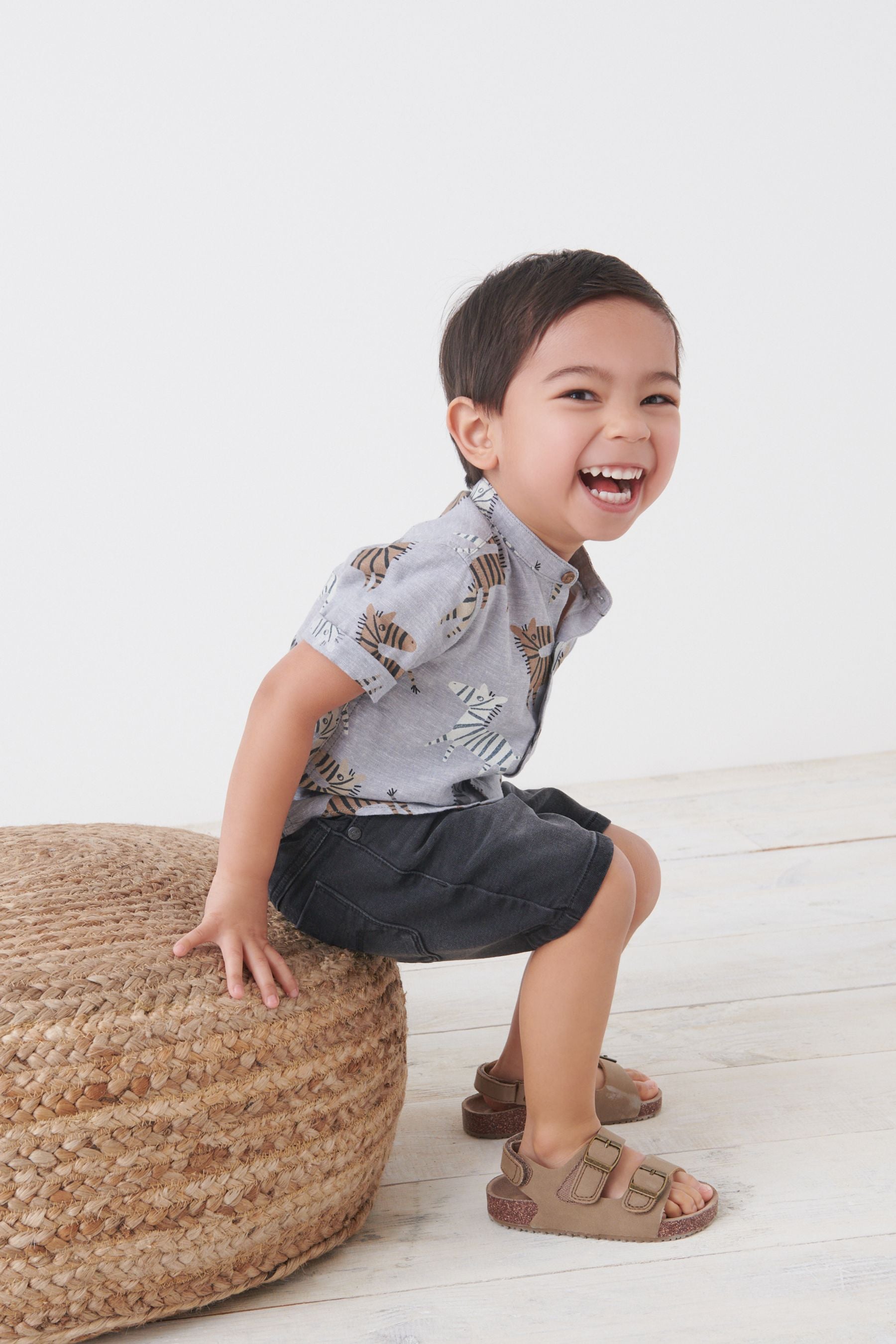 Monochrome Short Sleeve Zebra Print Grandad Collar Linen Mix Shirt (3mths-7yrs)