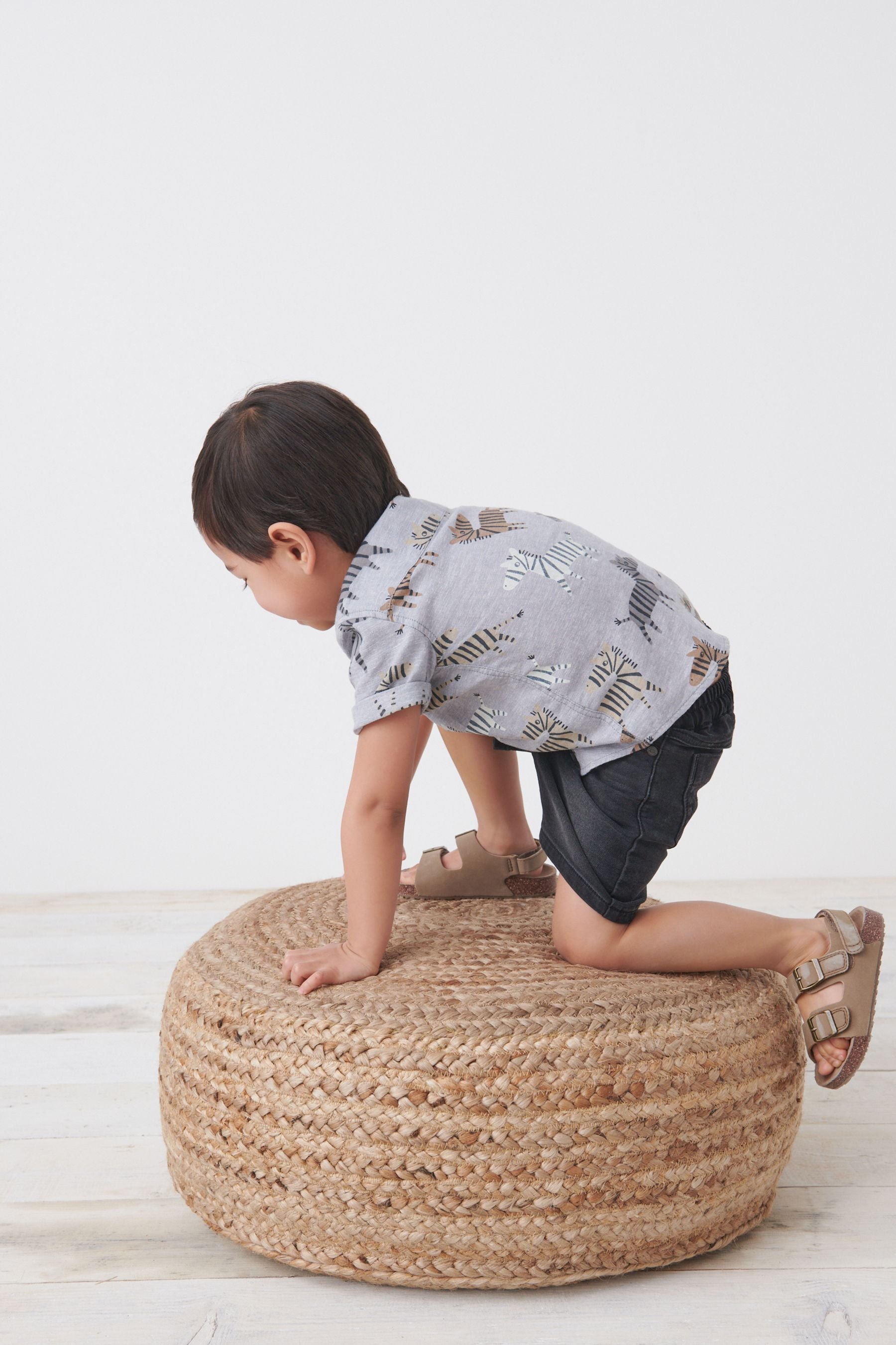 Monochrome Short Sleeve Zebra Print Grandad Collar Linen Mix Shirt (3mths-7yrs)