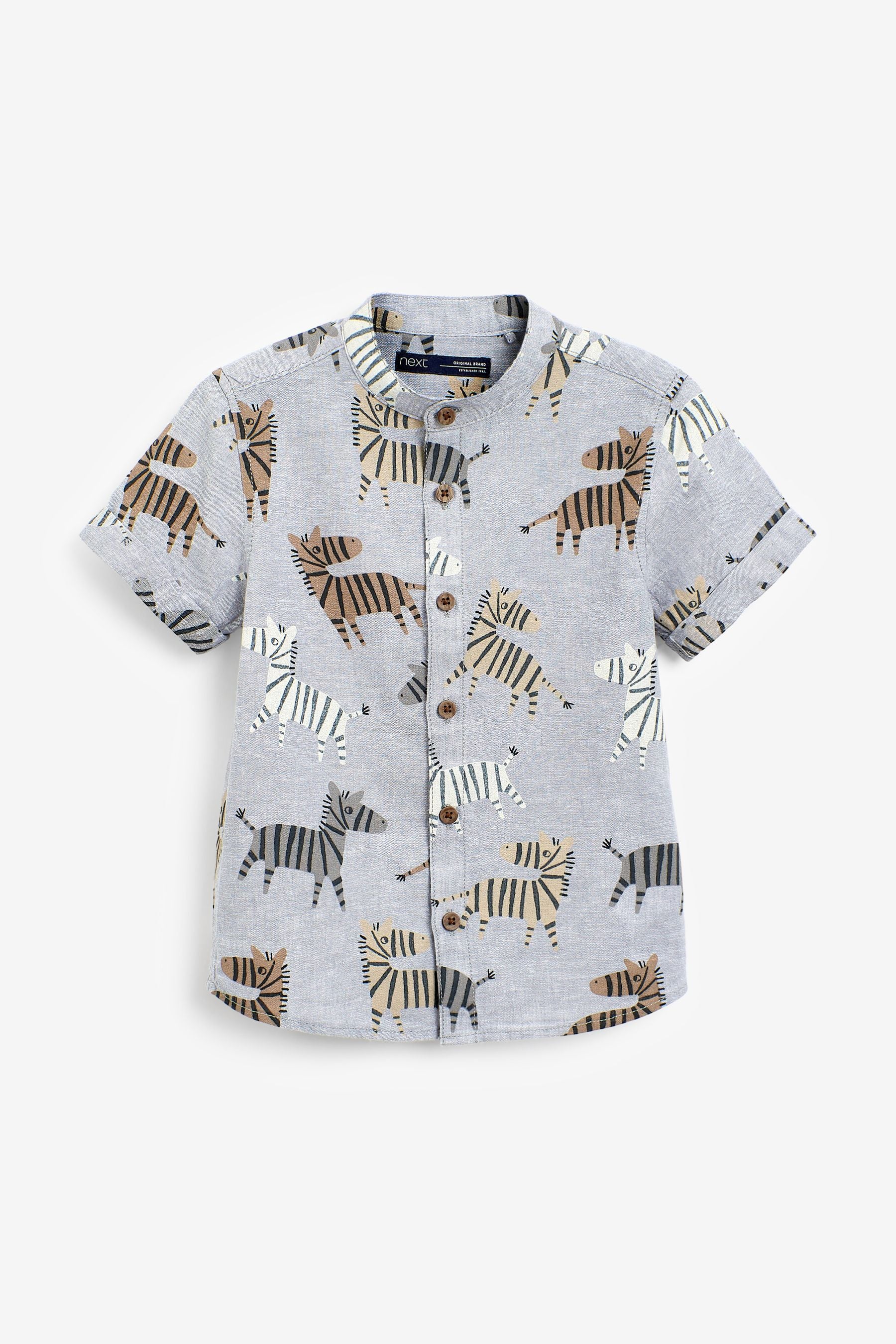 Monochrome Short Sleeve Zebra Print Grandad Collar Linen Mix Shirt (3mths-7yrs)