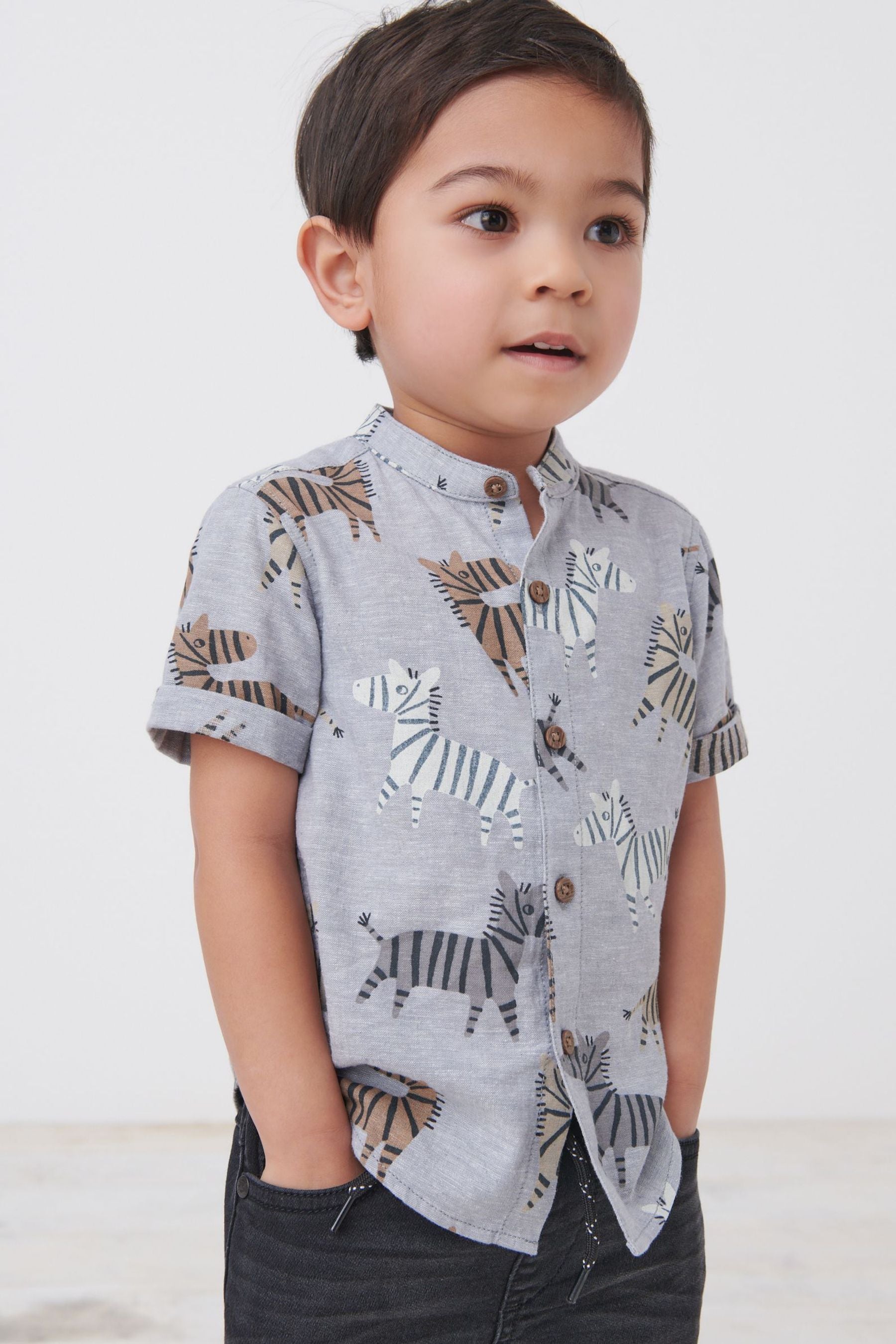 Monochrome Short Sleeve Zebra Print Grandad Collar Linen Mix Shirt (3mths-7yrs)