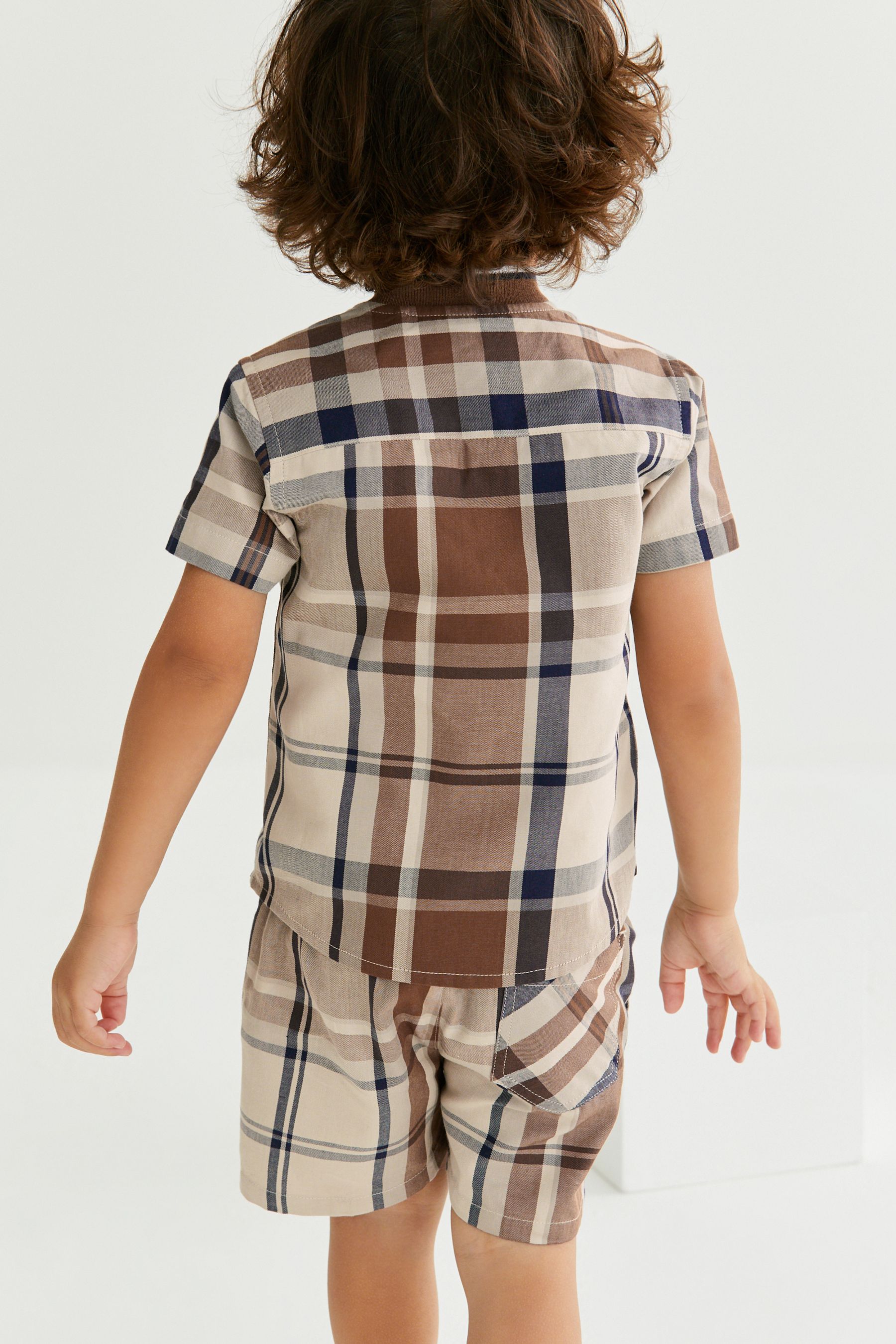 Tan Brown Check Shirt & Short Set SS Splice Check Shirt (3mths-12yrs)