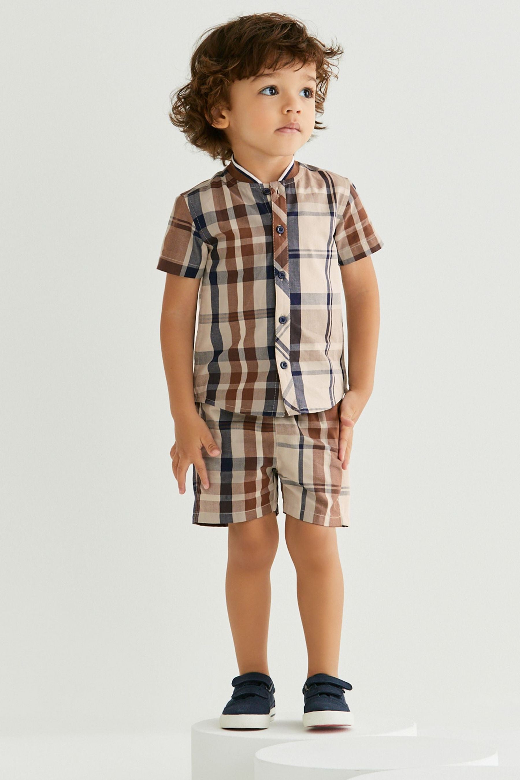 Tan Brown Check Shirt & Short Set SS Splice Check Shirt (3mths-12yrs)