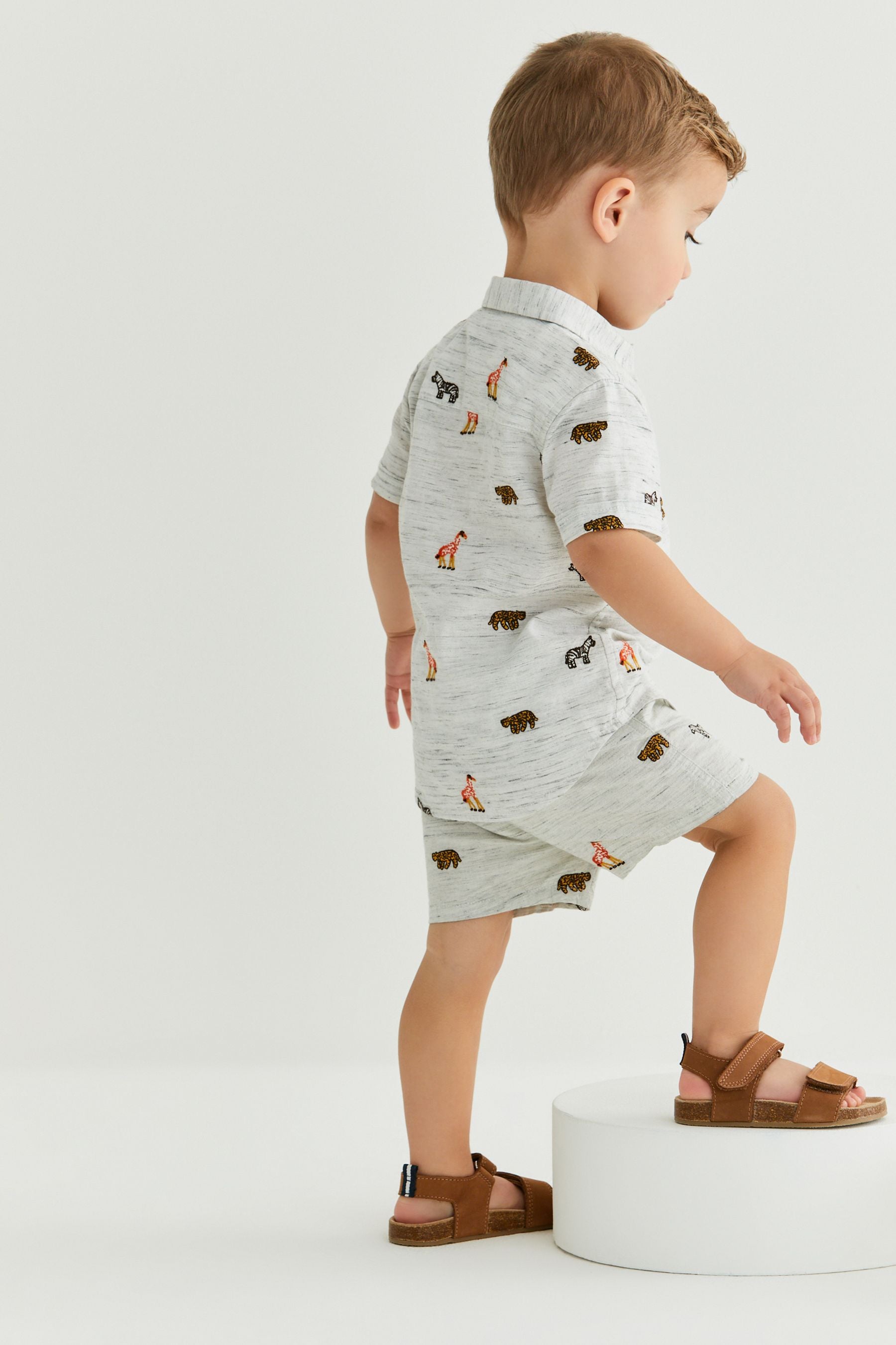 Neutral Embroidered Animal Shirt & Short Set Shirt (3mths-7yrs)