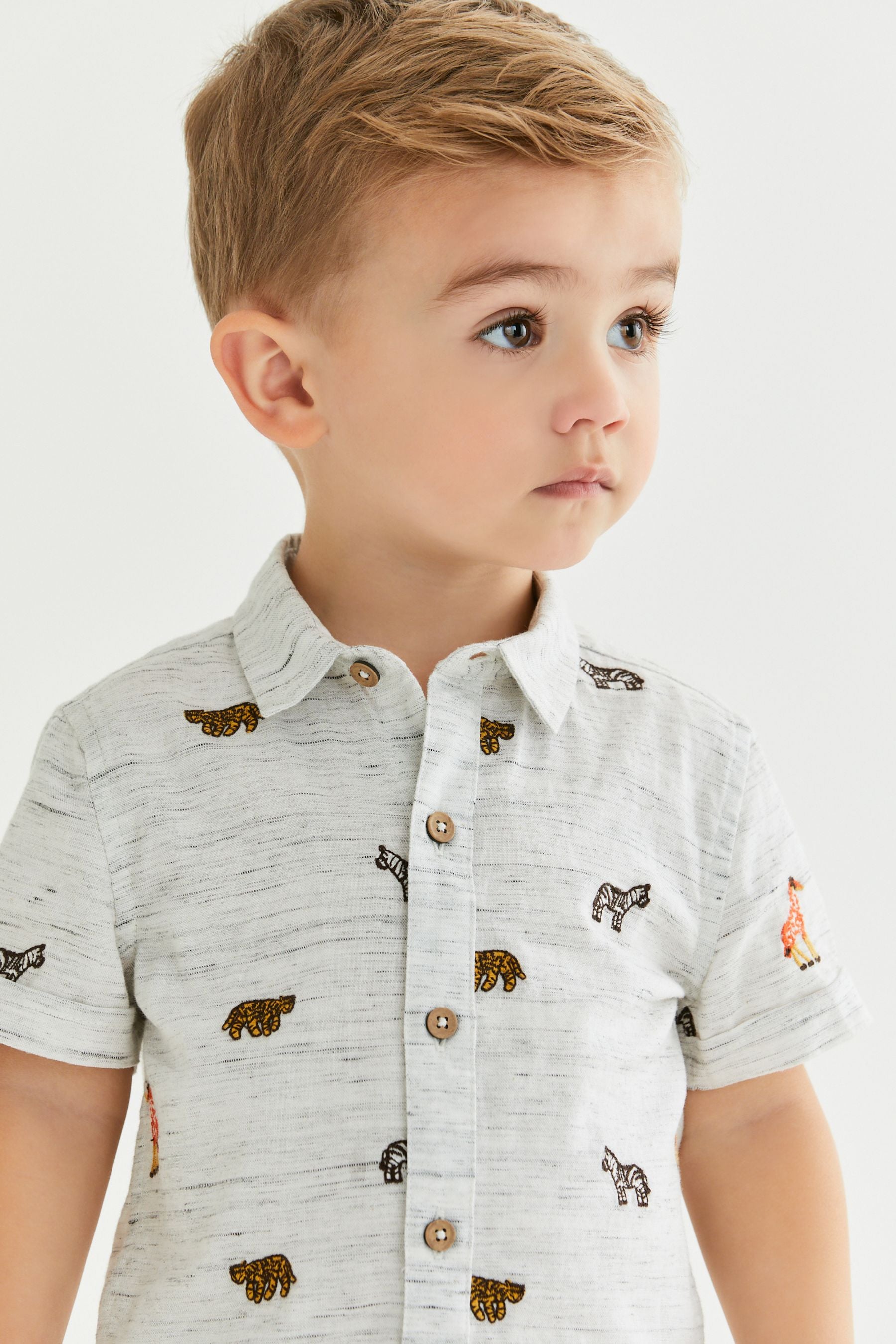 Neutral Embroidered Animal Shirt & Short Set Shirt (3mths-7yrs)