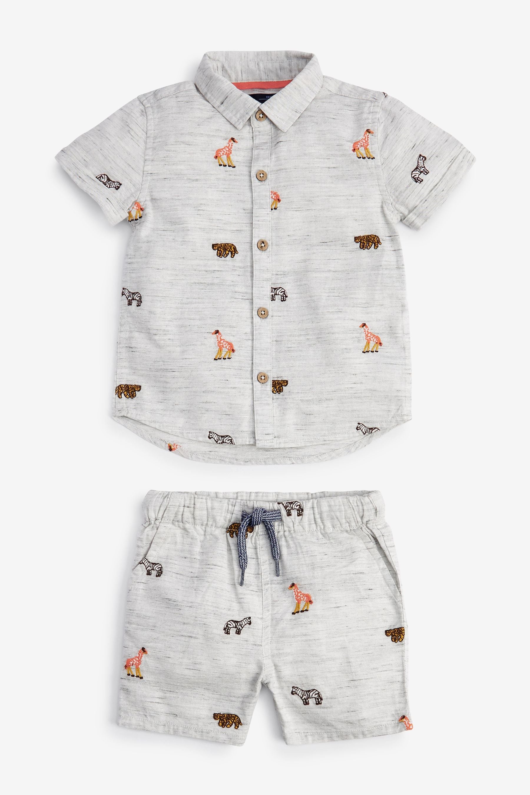 Neutral Embroidered Animal Shirt & Short Set Shirt (3mths-7yrs)