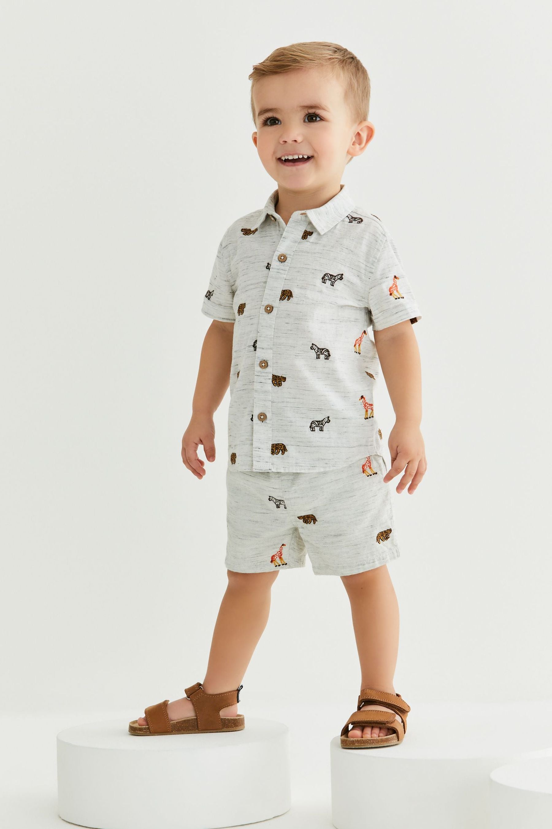 Neutral Embroidered Animal Shirt & Short Set Shirt (3mths-7yrs)