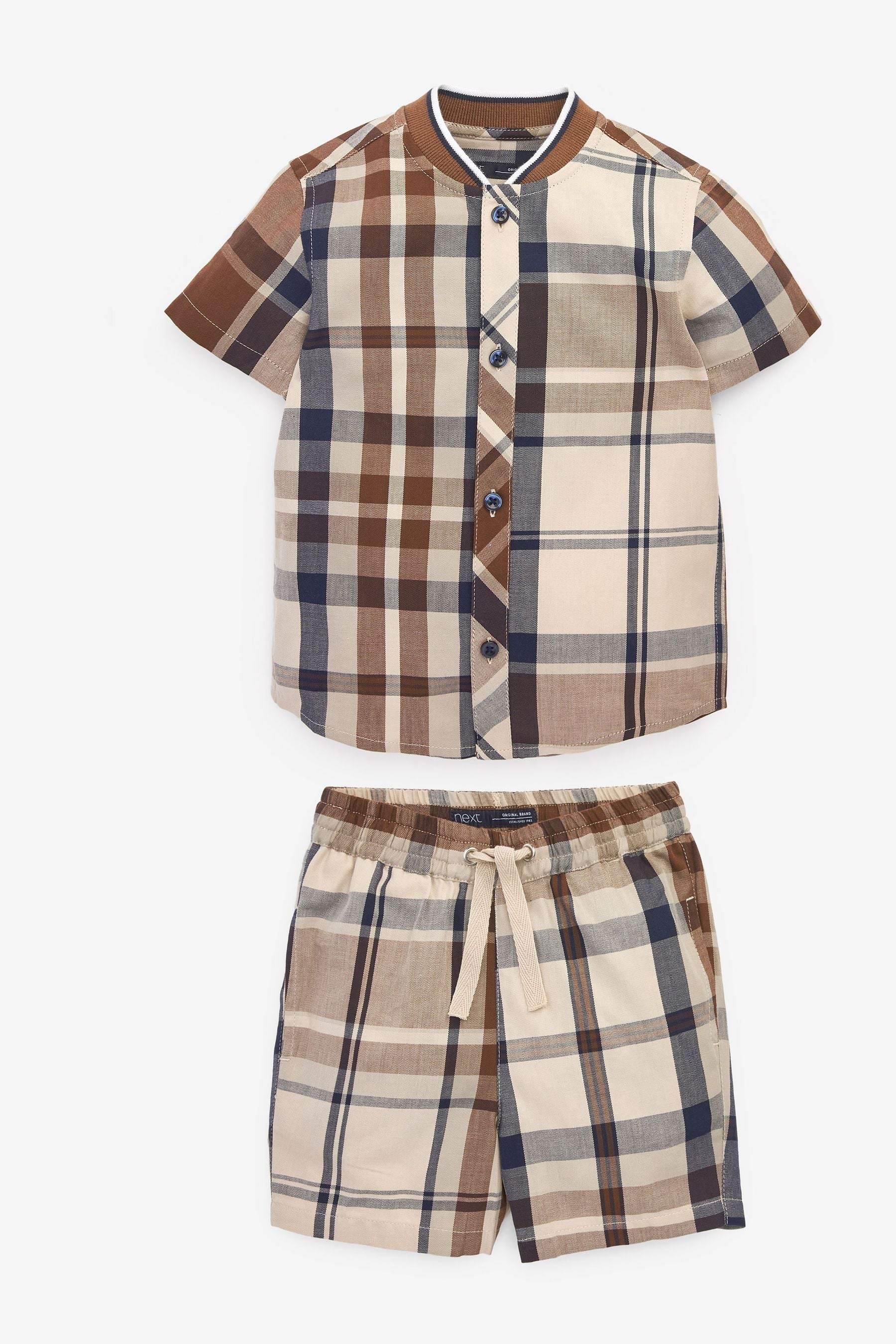 Tan Brown Check Shirt & Short Set SS Splice Check Shirt (3mths-12yrs)