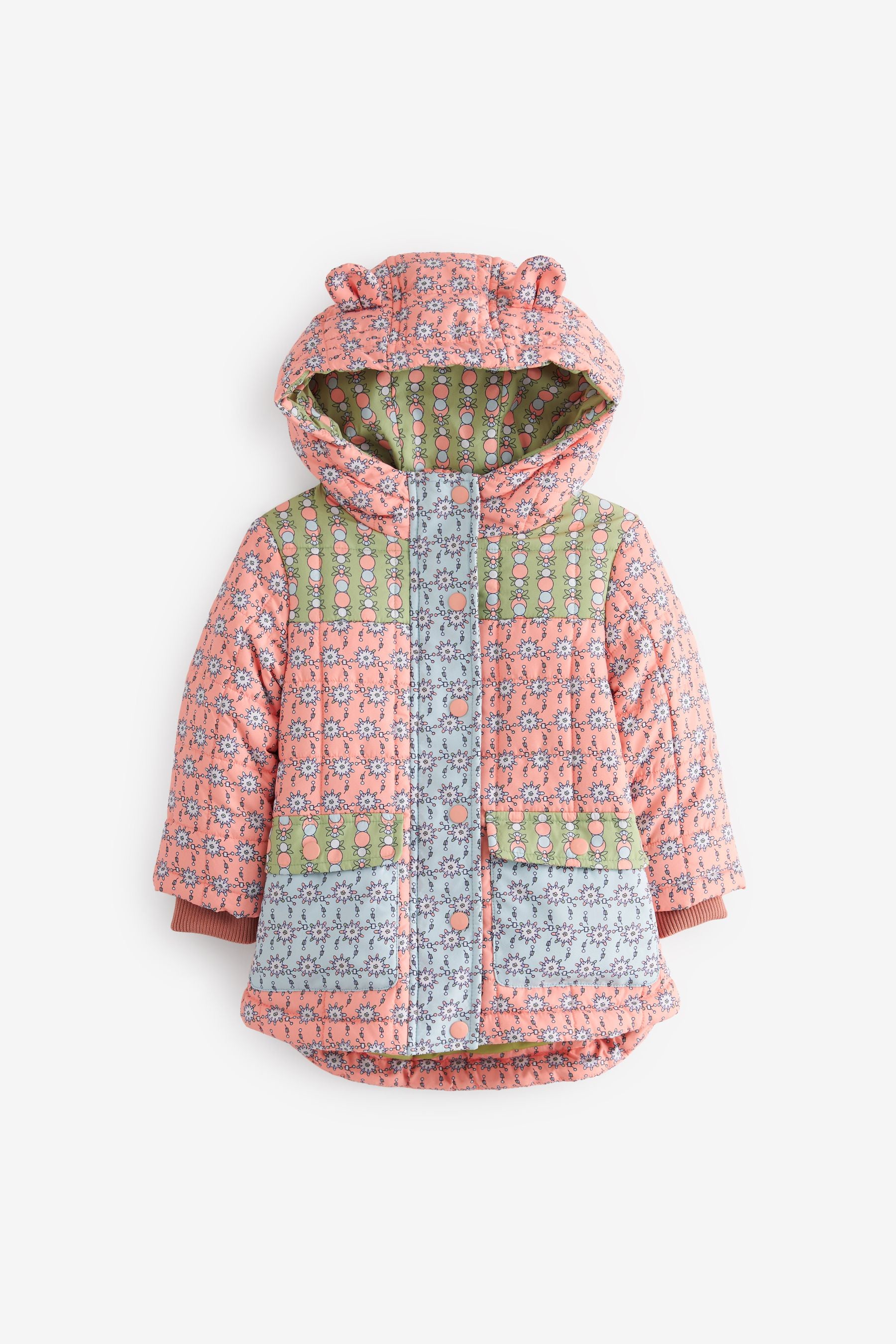 Pink Multi Shower Resistant Colourblock Geo Quilted Coat (3mths-7yrs)