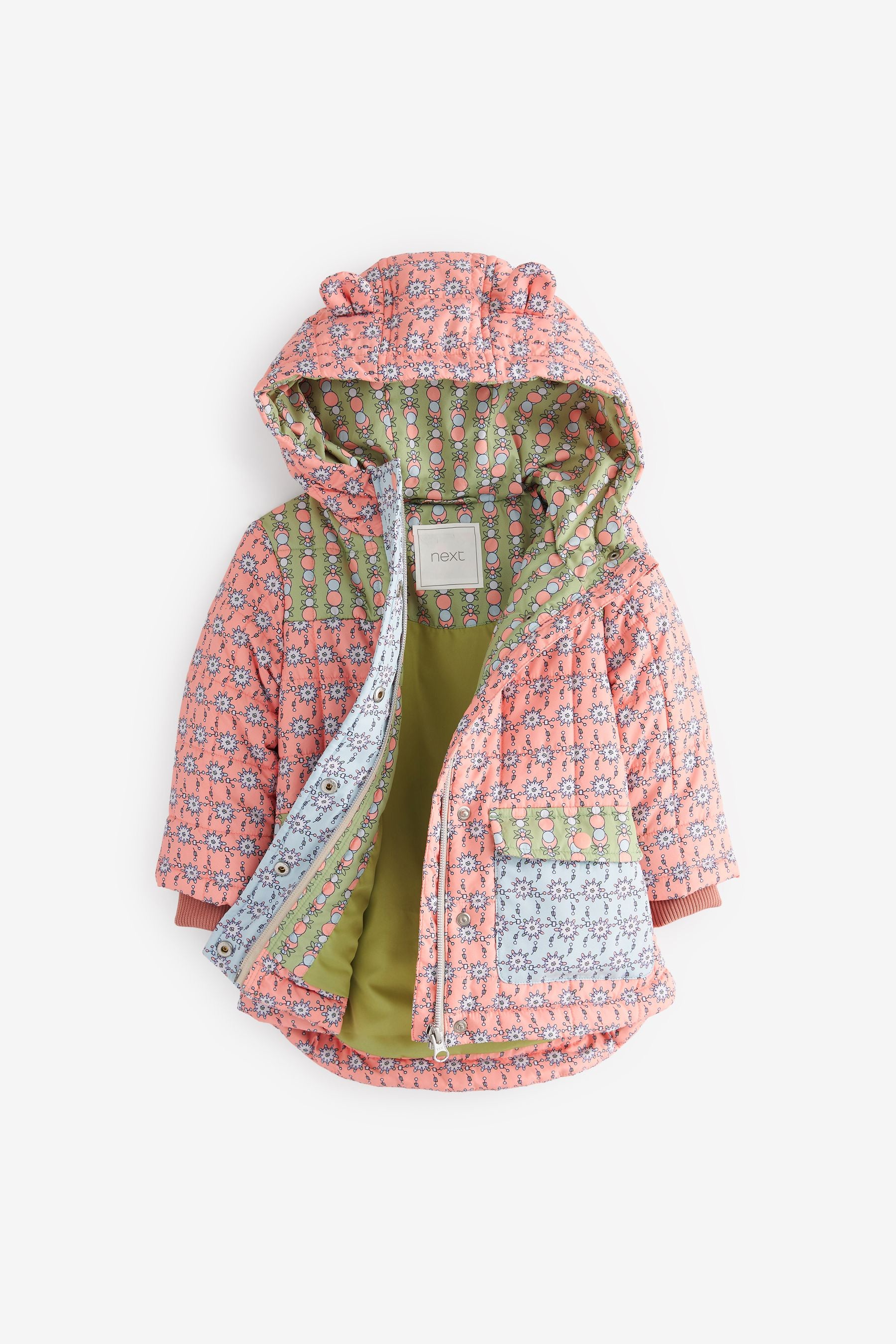 Pink Multi Shower Resistant Colourblock Geo Quilted Coat (3mths-7yrs)