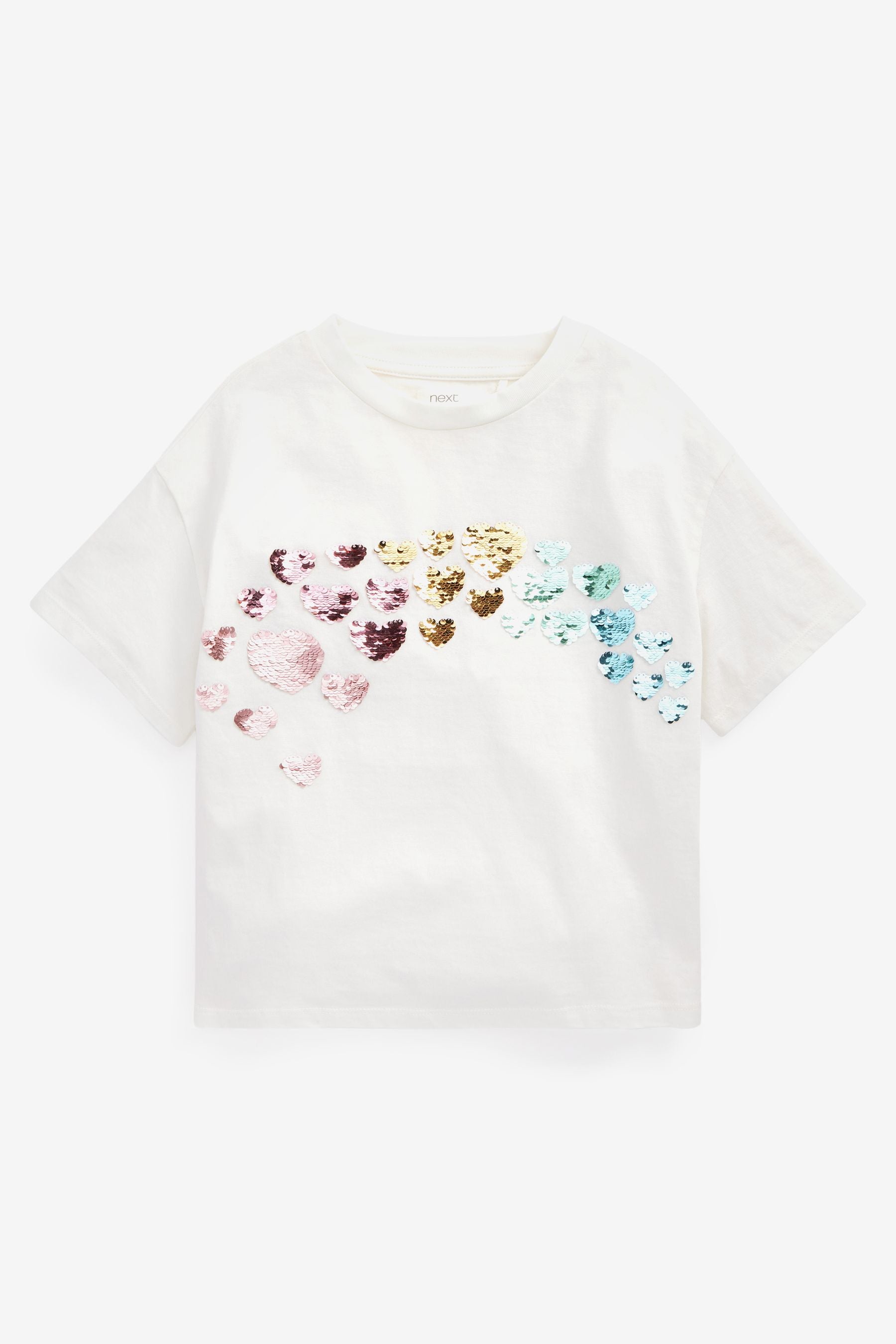 Ecru Cream Rainbow Flippy Sequin Hearts T-Shirt (3-16yrs)