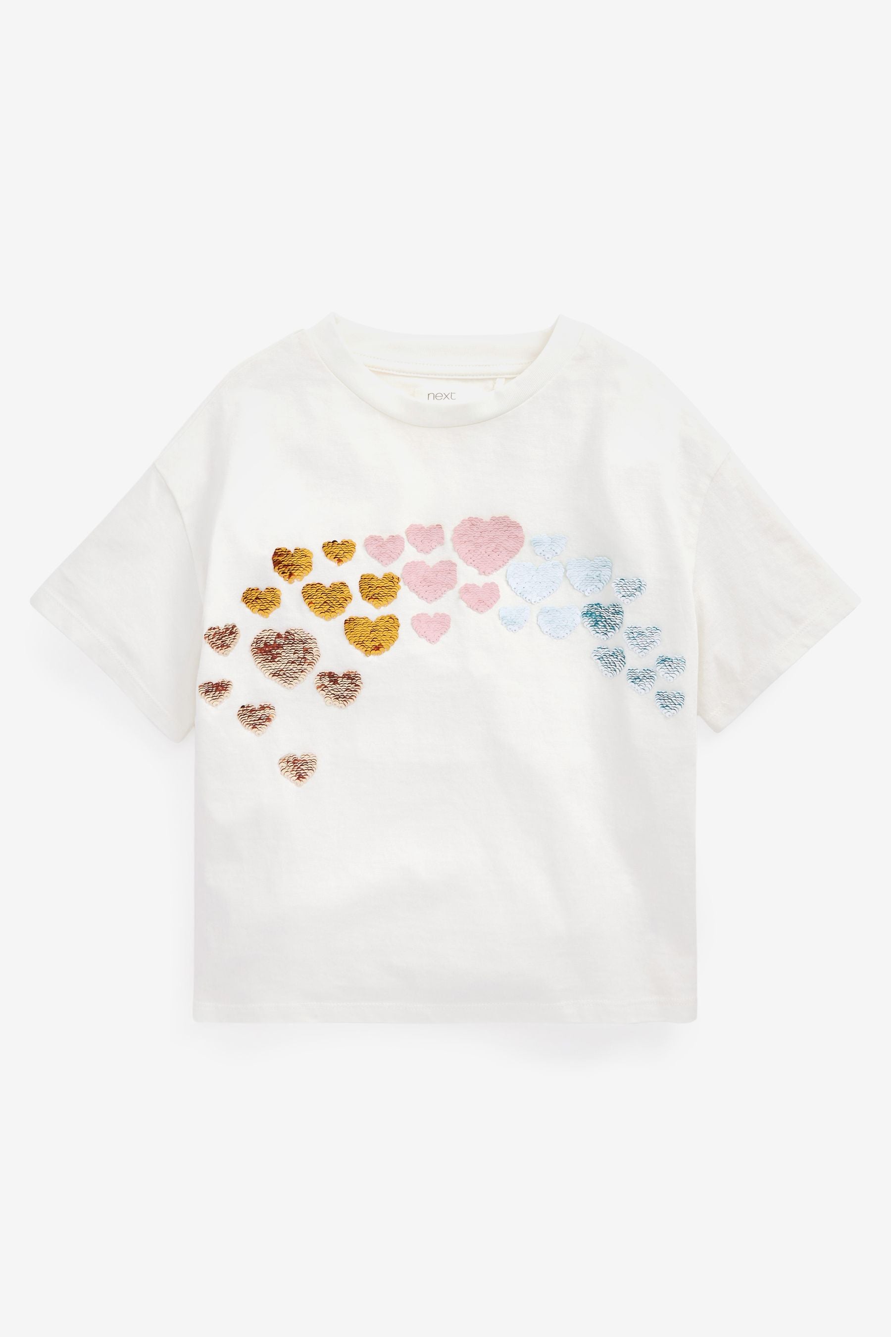 Ecru Cream Rainbow Flippy Sequin Hearts T-Shirt (3-16yrs)