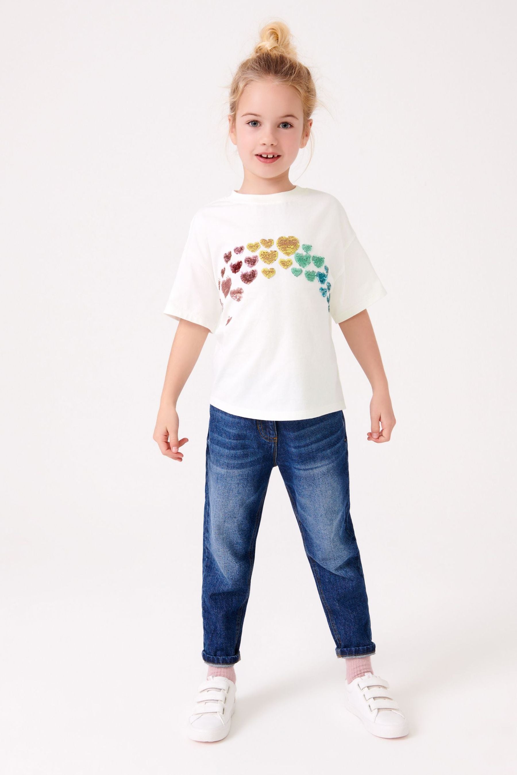 Ecru Cream Rainbow Flippy Sequin Hearts T-Shirt (3-16yrs)