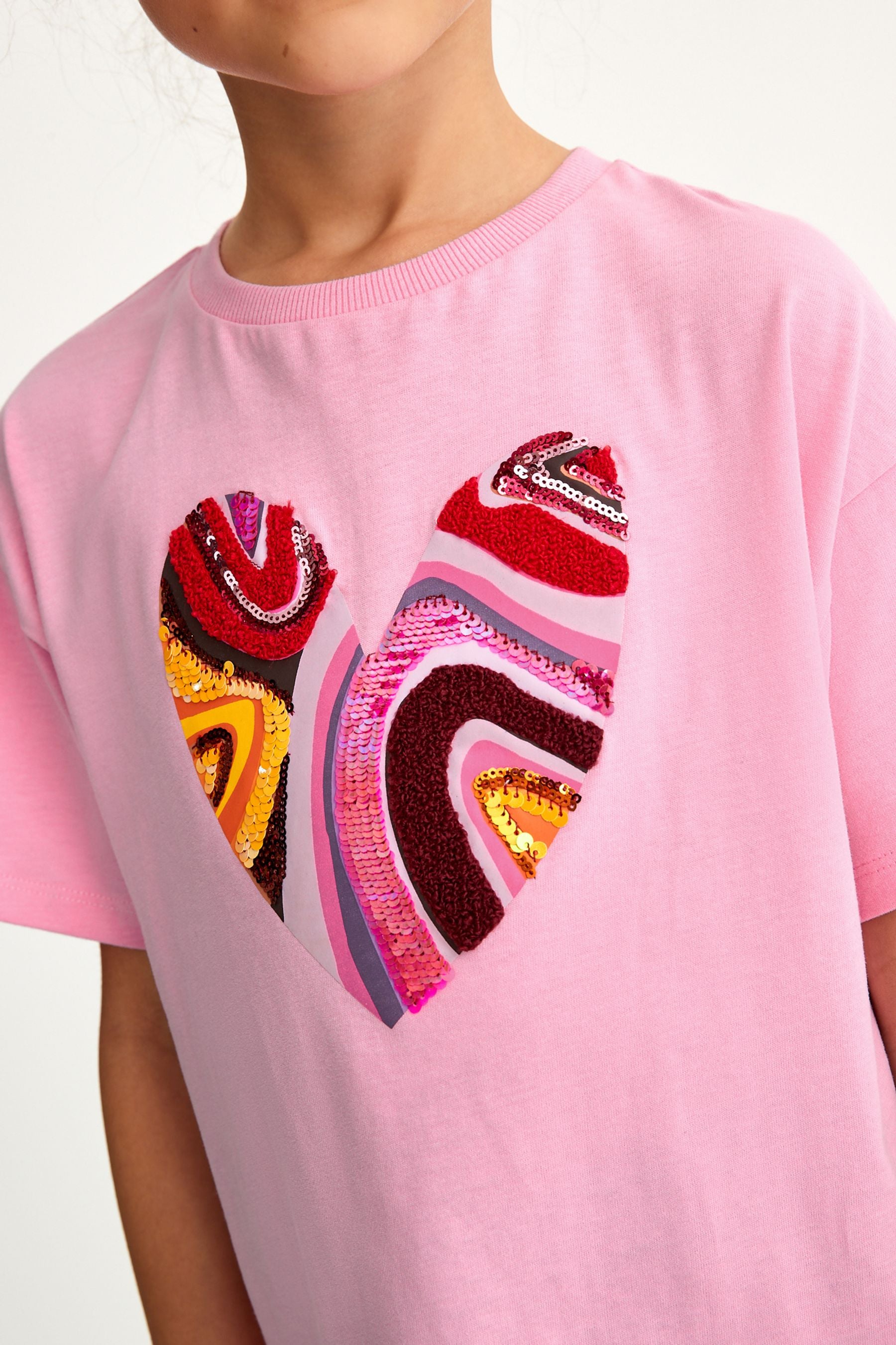 Pink Embroidered Sequin Heart T-Shirt (3-16yrs)