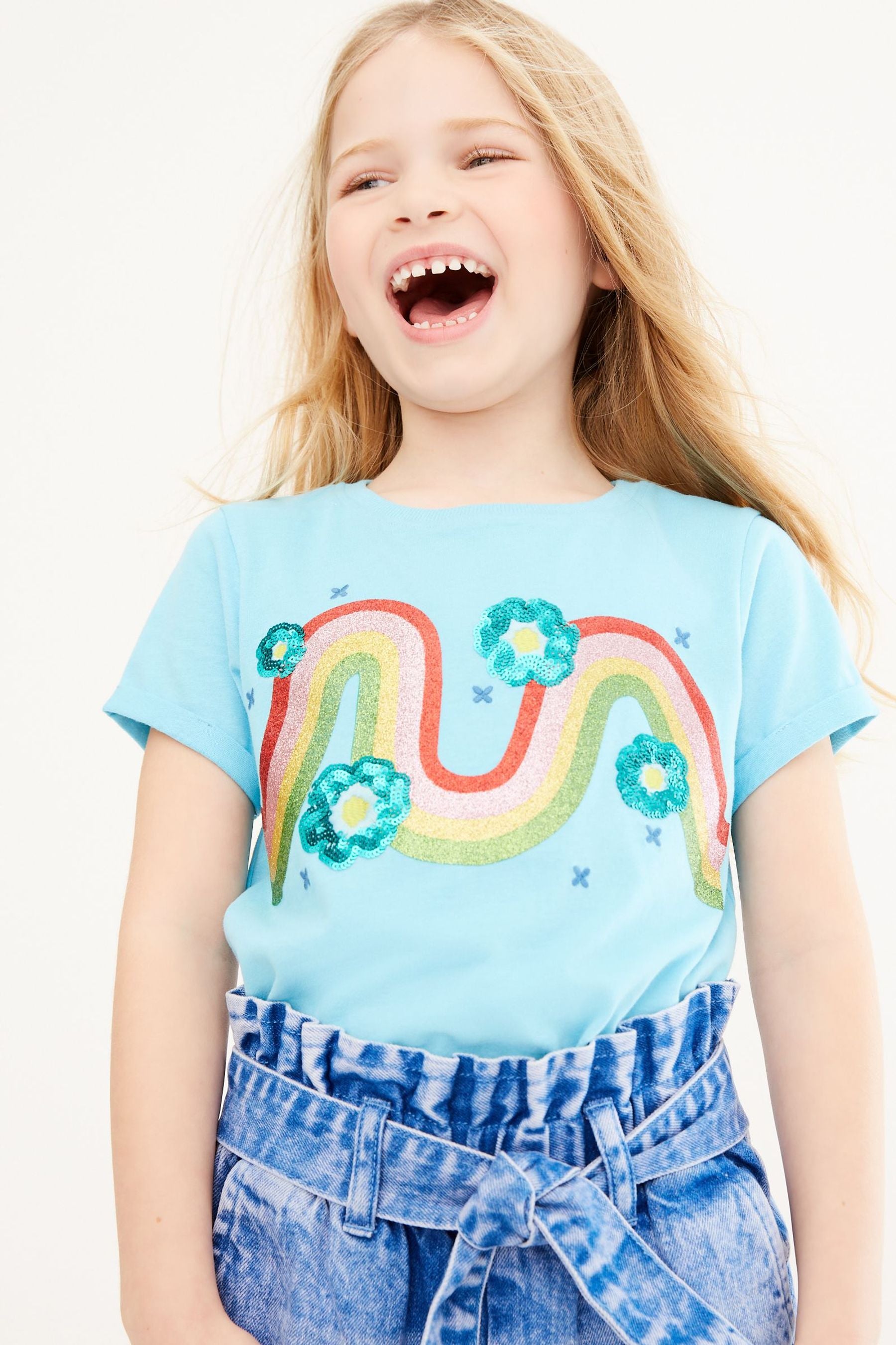 Blue Sequin Glitter Rainbow T-Shirt (3-16yrs)