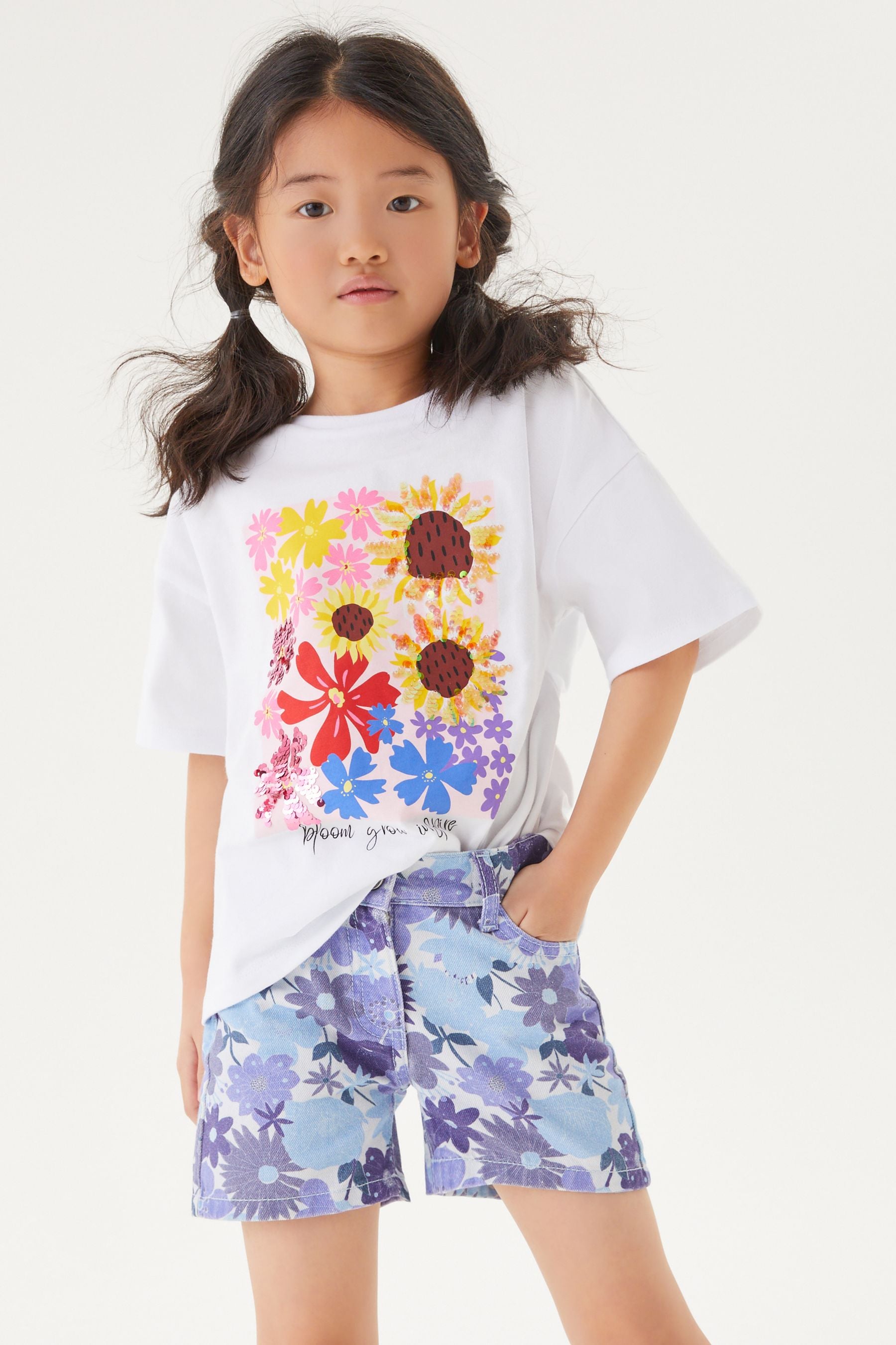 Ecru White Sequin Flower T-Shirt (3-16yrs)