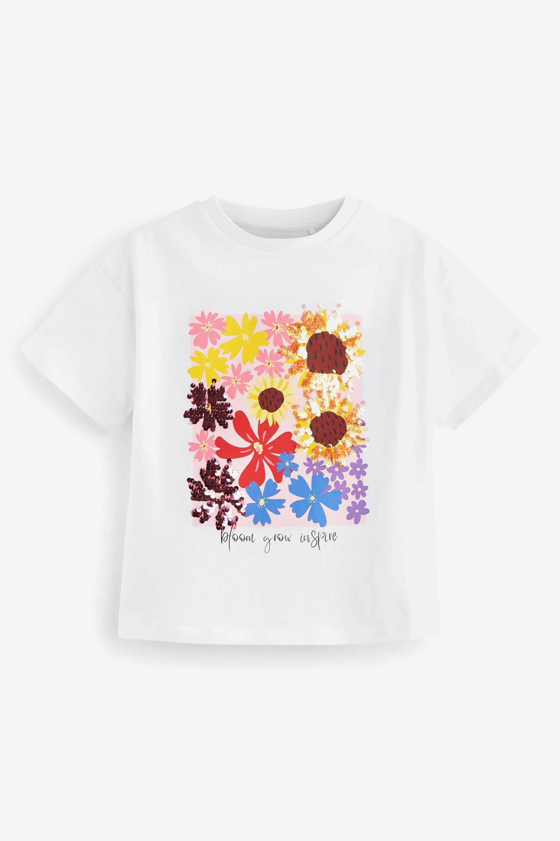 Ecru White Sequin Flower T-Shirt (3-16yrs)