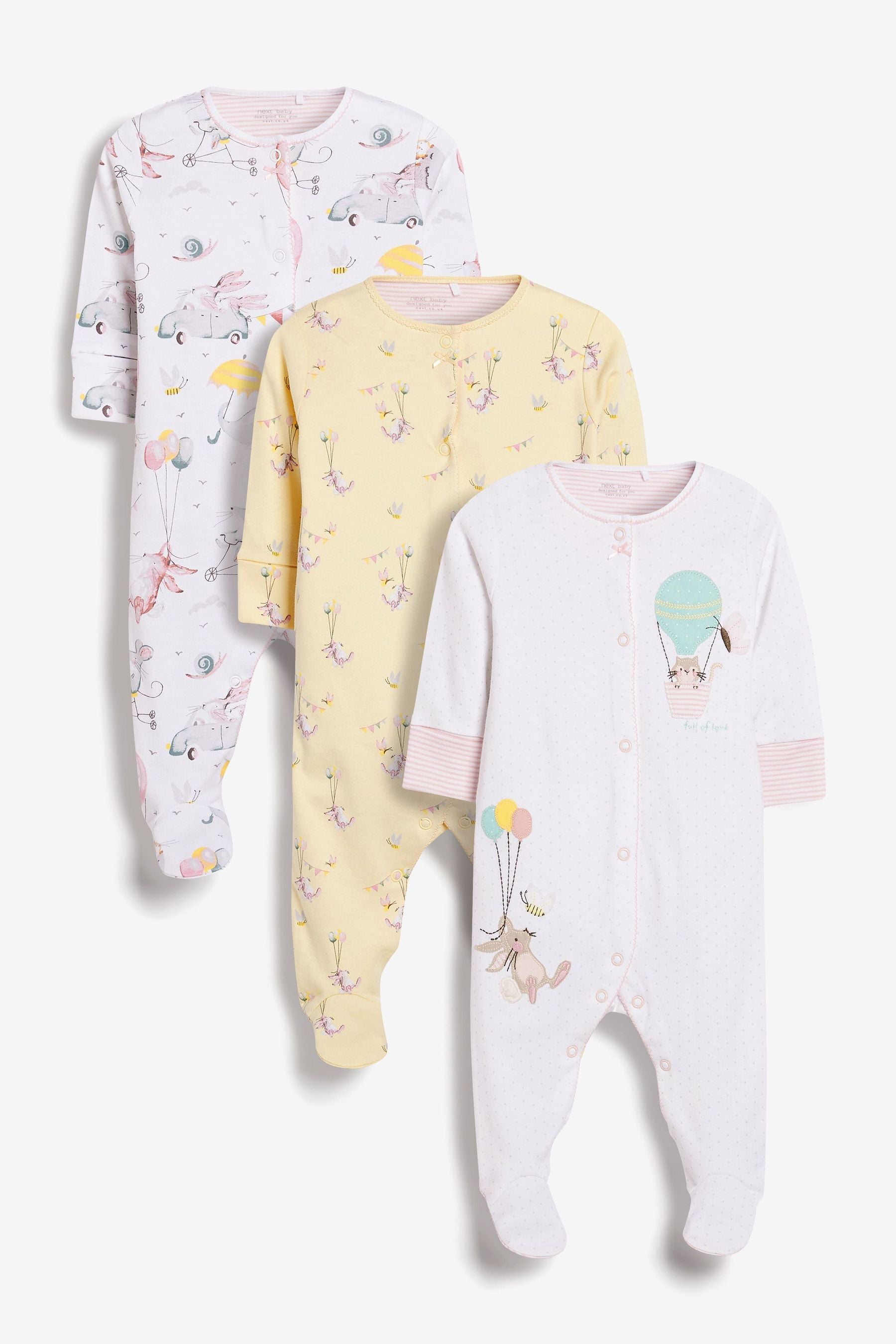 Pink/Yellow Circus Baby Sleepsuits 3 Pack (0-0mths)