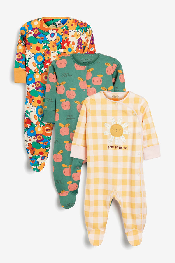 Bright Sunflower 3 Pack Embroidered Detail Baby Sleepsuits (0-3yrs)