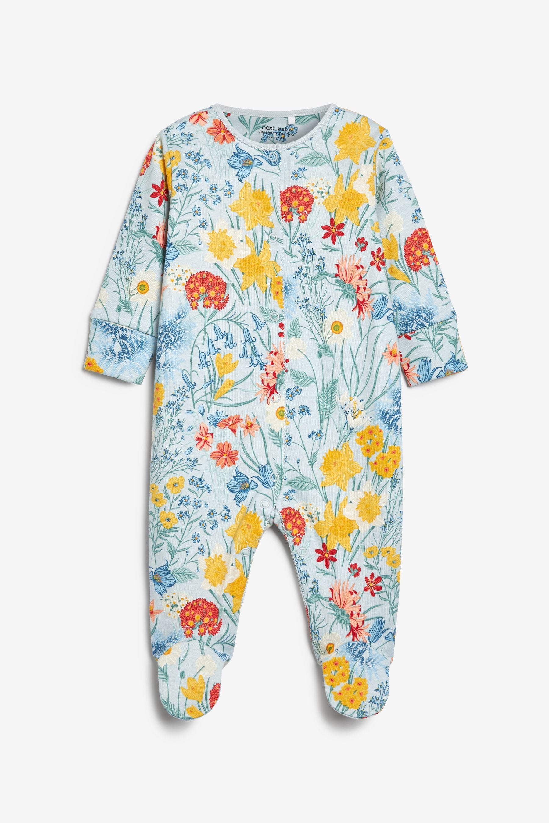 White/Yellow 3 Pack Floral Baby Sleepsuits (0-2yrs)