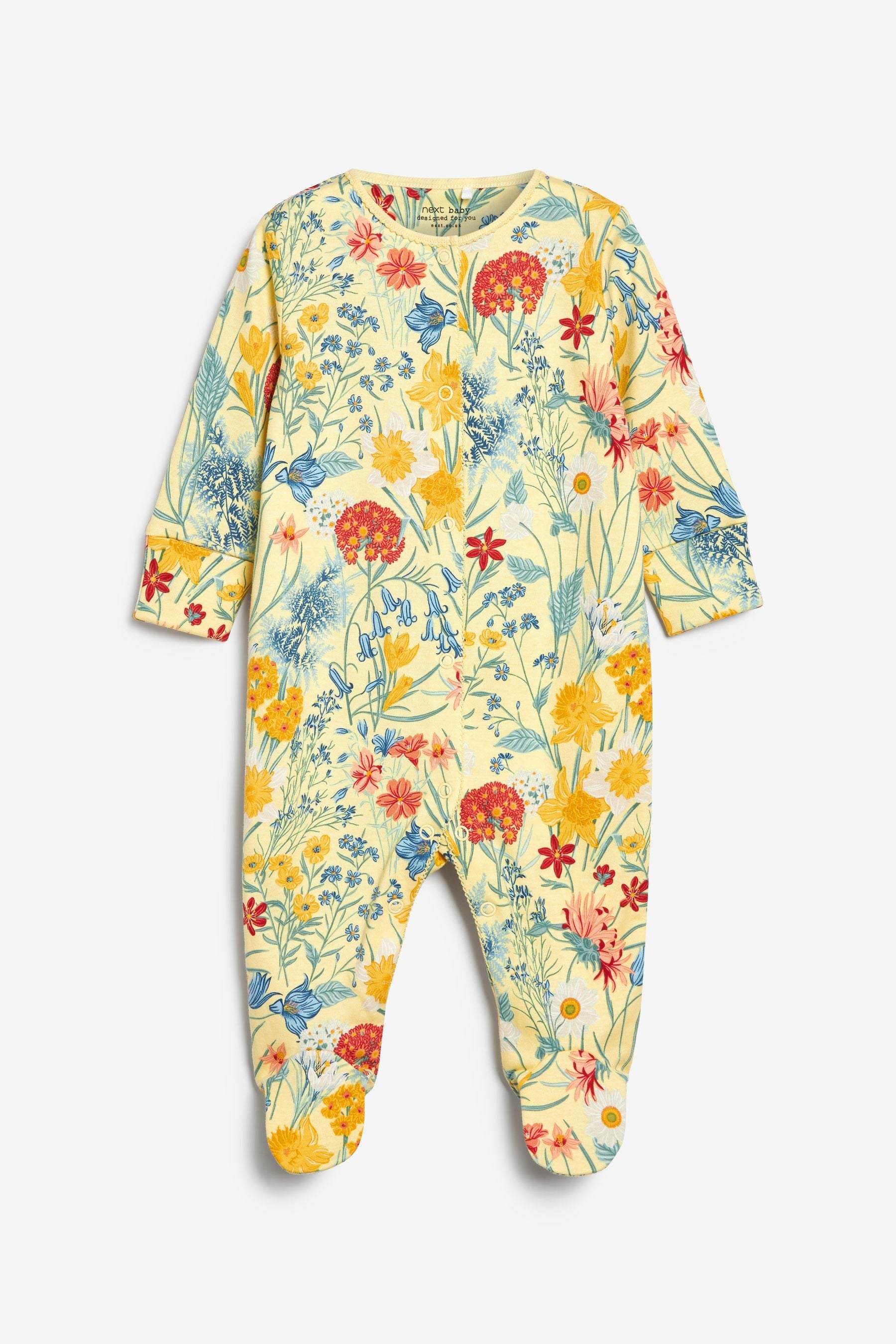 White/Yellow 3 Pack Floral Baby Sleepsuits (0-2yrs)