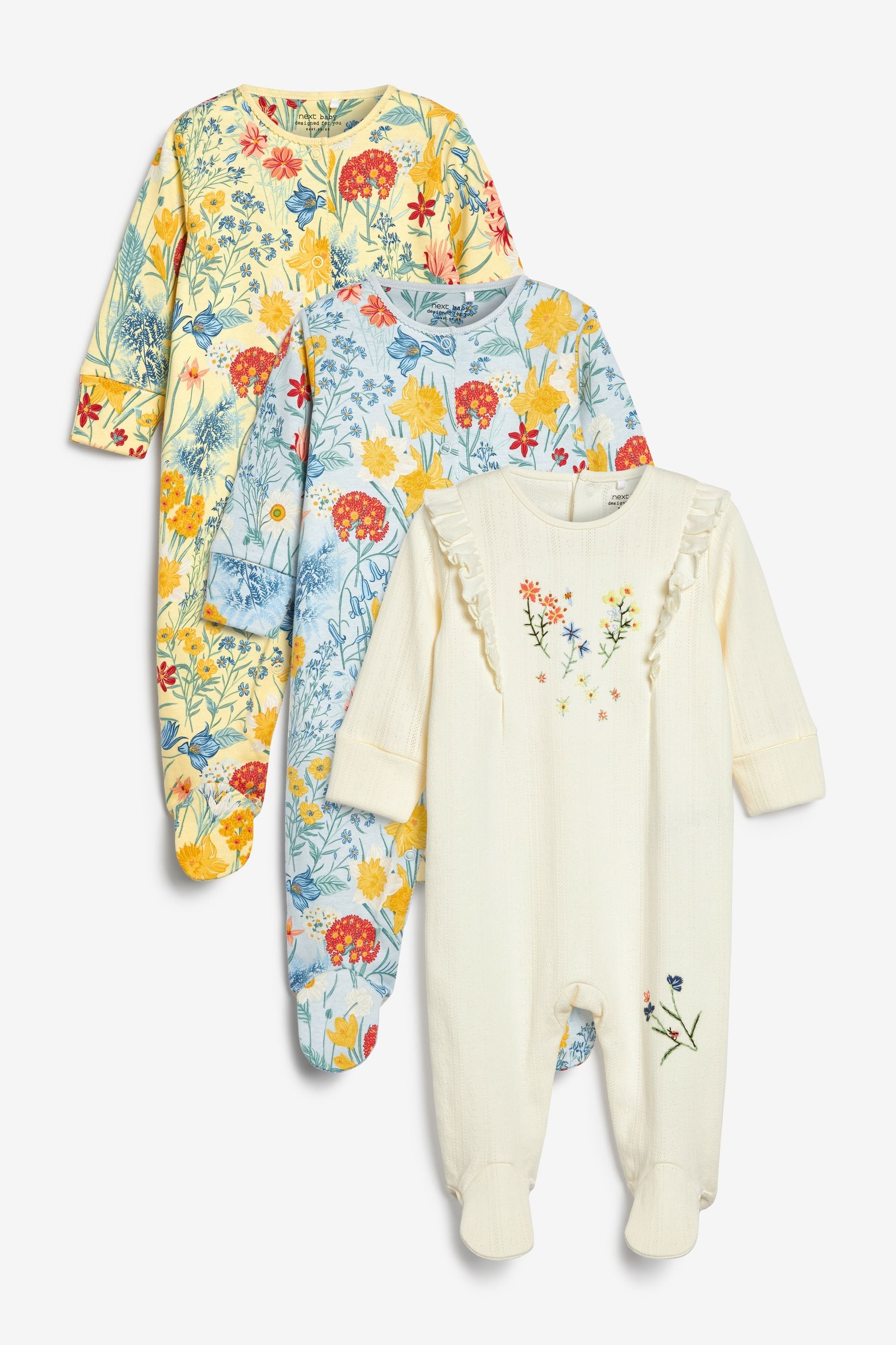 White/Yellow 3 Pack Floral Baby Sleepsuits (0-2yrs)