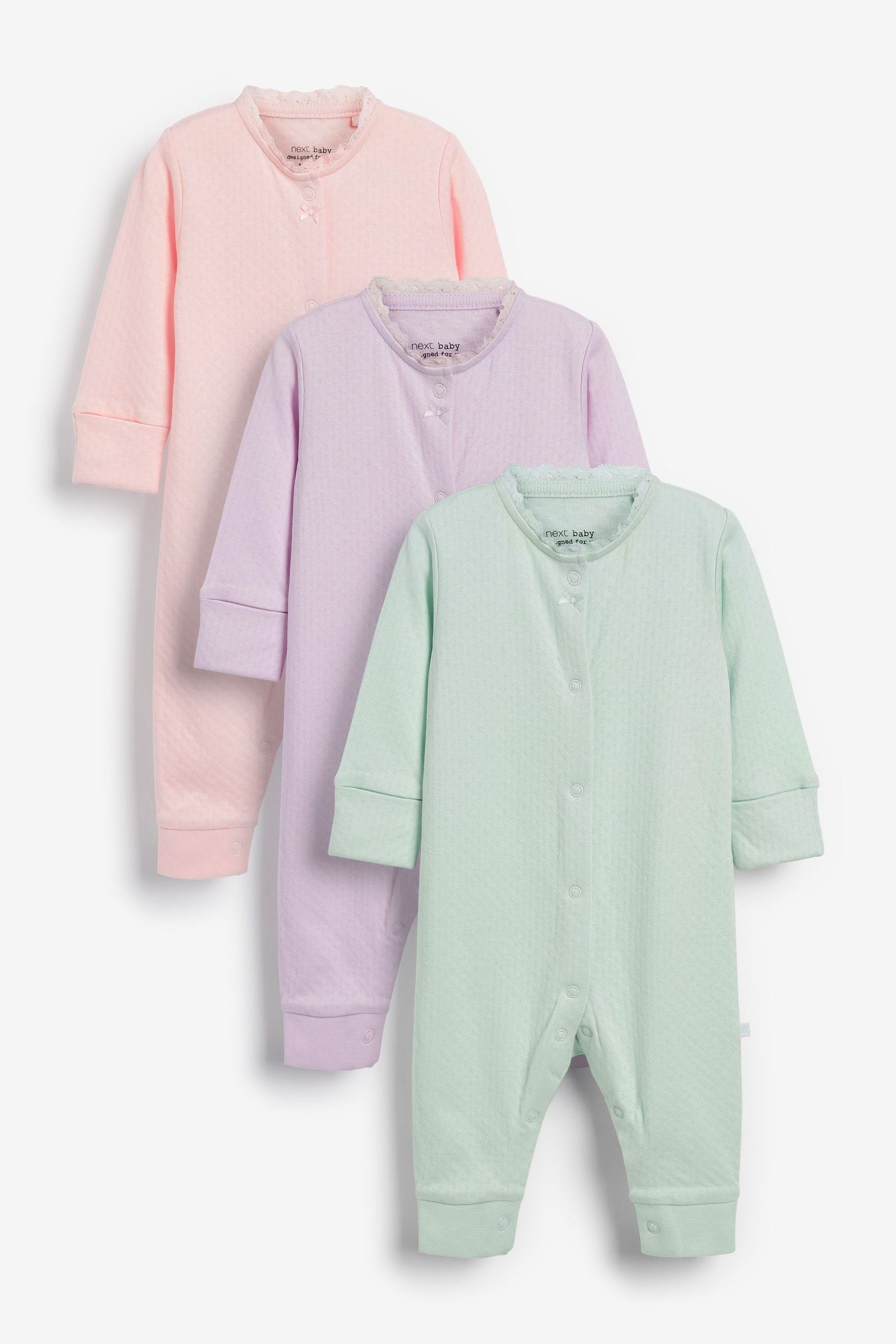 Pink Pointelle Baby 3 Pack Footless Sleepsuits (0mths-3yrs)